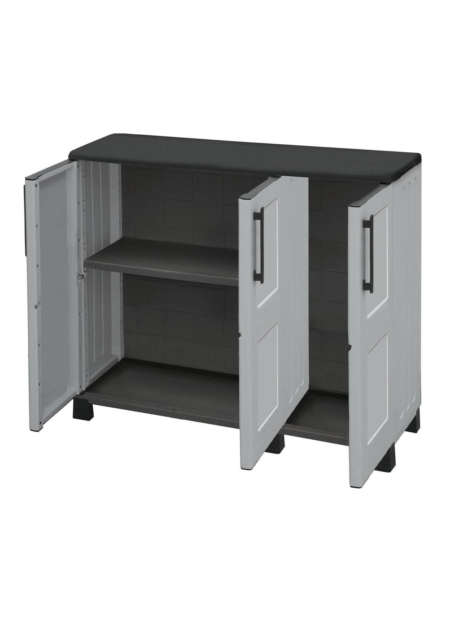 Dmora - Armoire d'extérieur Dbelpann, Armoire de balcon polyvalente, Armoire d'extérieur 3 portes, 102x37h90 cm, Gris clair et noir, Finition à carreaux - Imagen 6