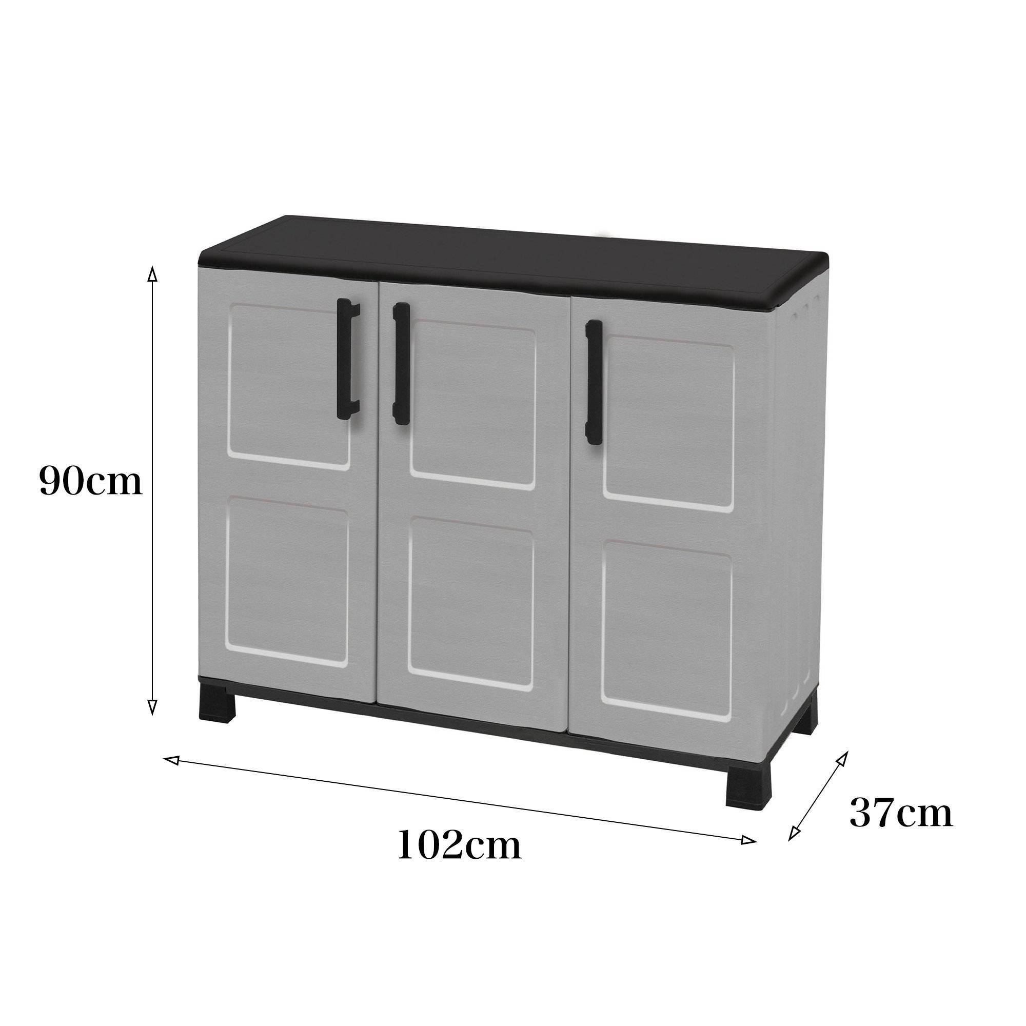 Dmora - Armoire d'extérieur Dbelpann, Armoire de balcon polyvalente, Armoire d'extérieur 3 portes, 102x37h90 cm, Gris clair et noir, Finition à carreaux - Imagen 3