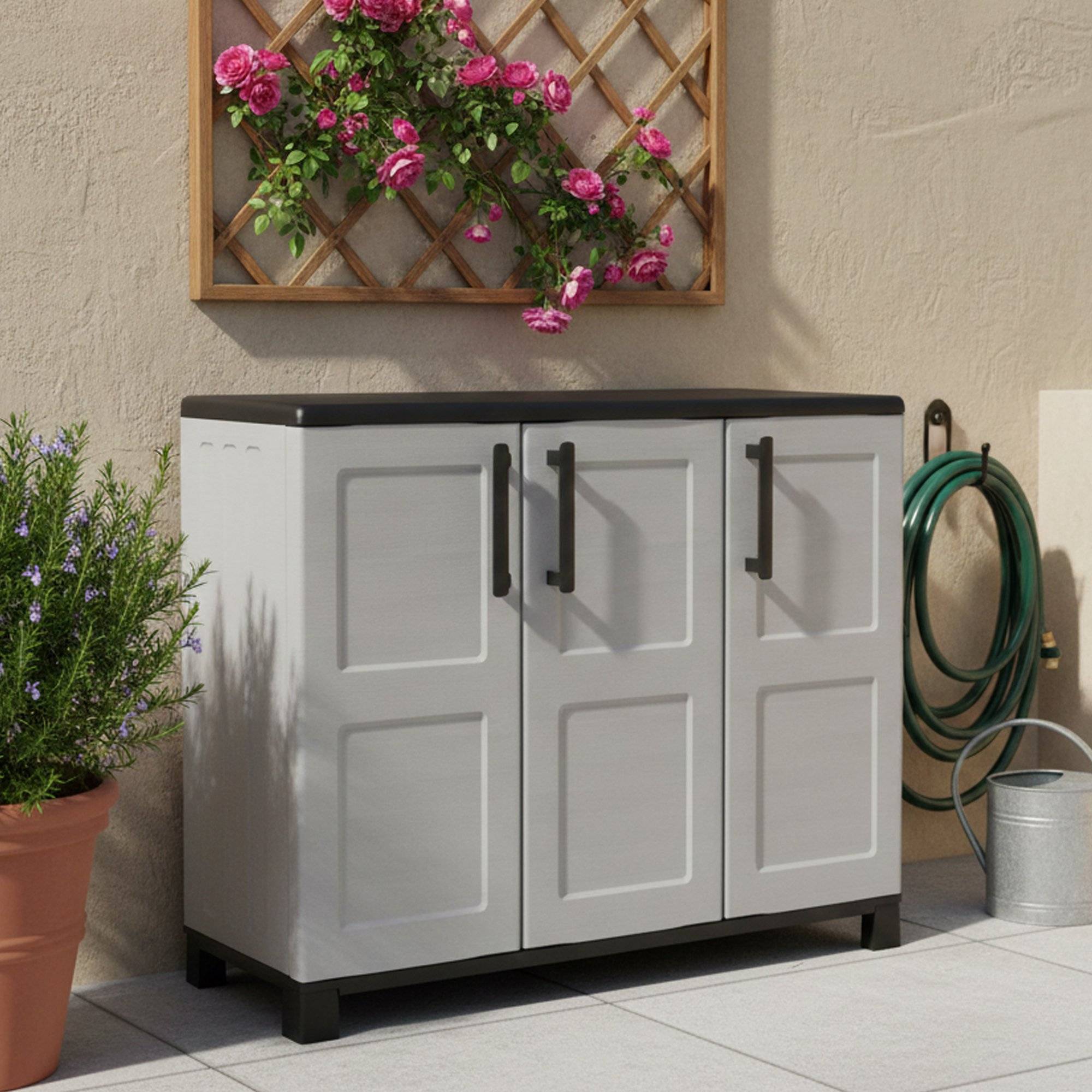 Dmora - Armoire d'extérieur Dbelpann, Armoire de balcon polyvalente, Armoire d'extérieur 3 portes, 102x37h90 cm, Gris clair et noir, Finition à carreaux - Imagen 2