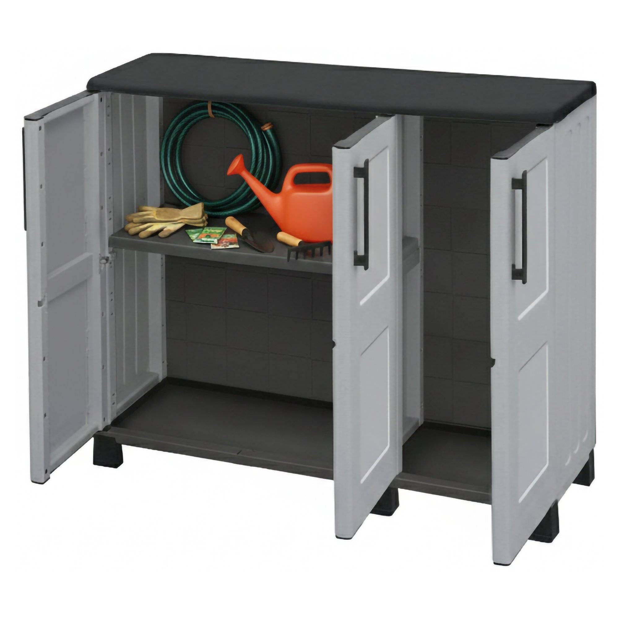 Dmora - Armoire d'extérieur Dbelpann, Armoire de balcon polyvalente, Armoire d'extérieur 3 portes, 102x37h90 cm, Gris clair et noir, Finition à carreaux - Imagen 1