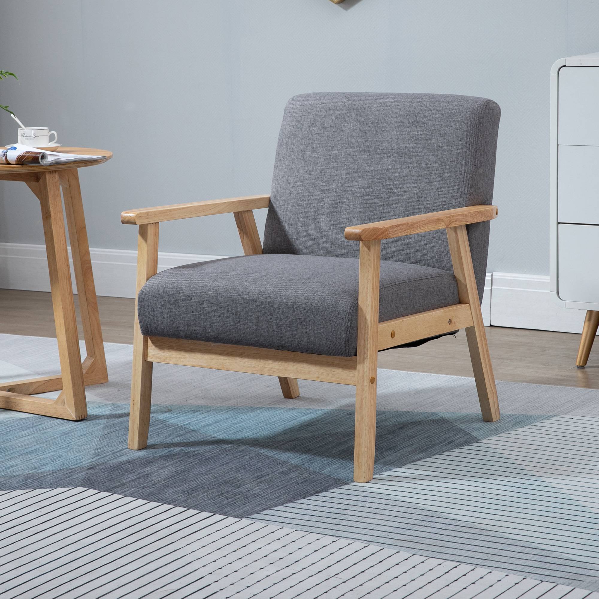 Fauteuil de style scandinave, chaise d'appoint, bois massif, aspect lin, 64 cm x 70 cm x 72 cm, gris et naturel - Image 4
