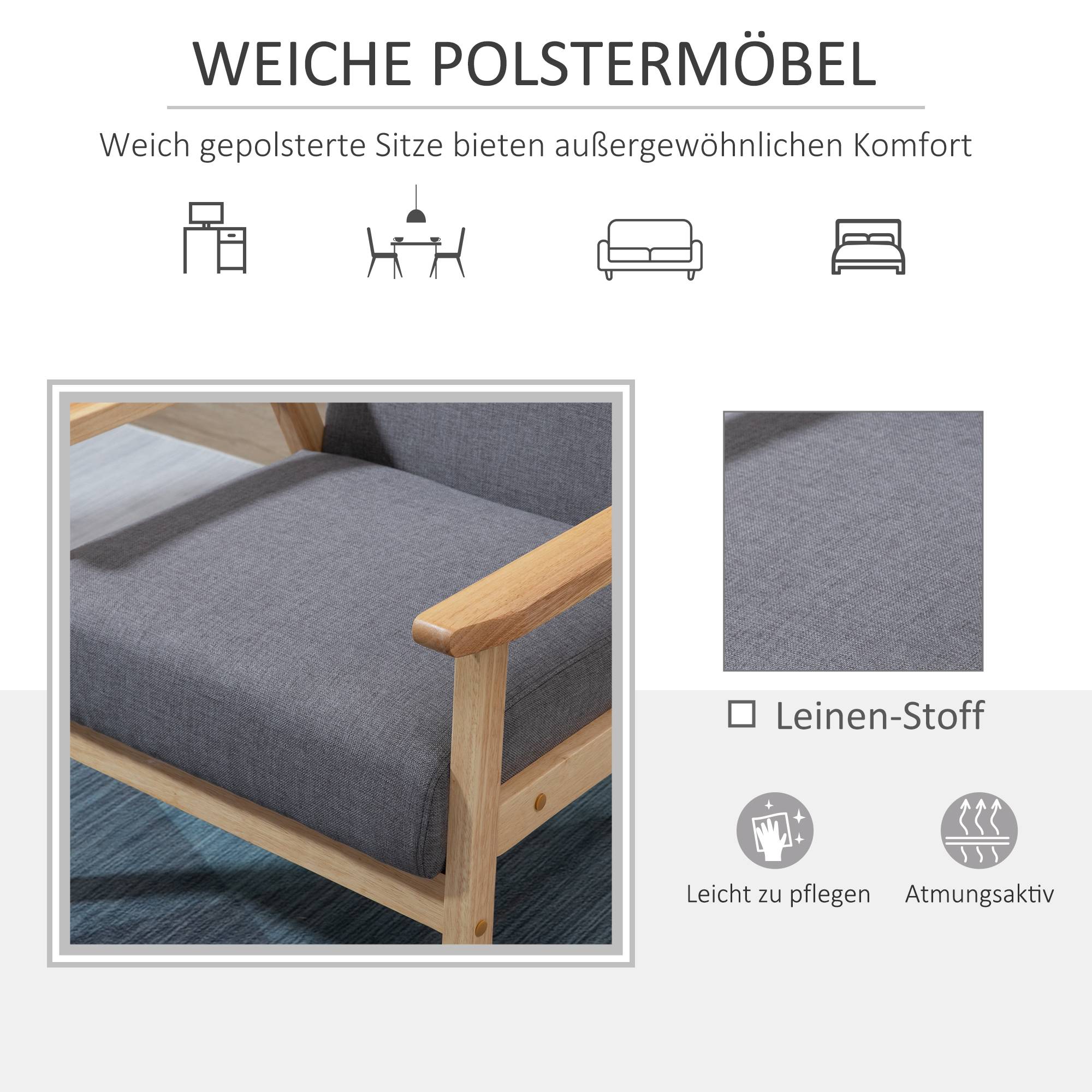 Fauteuil de style scandinave, chaise d'appoint, bois massif, aspect lin, 64 cm x 70 cm x 72 cm, gris et naturel - Image 7