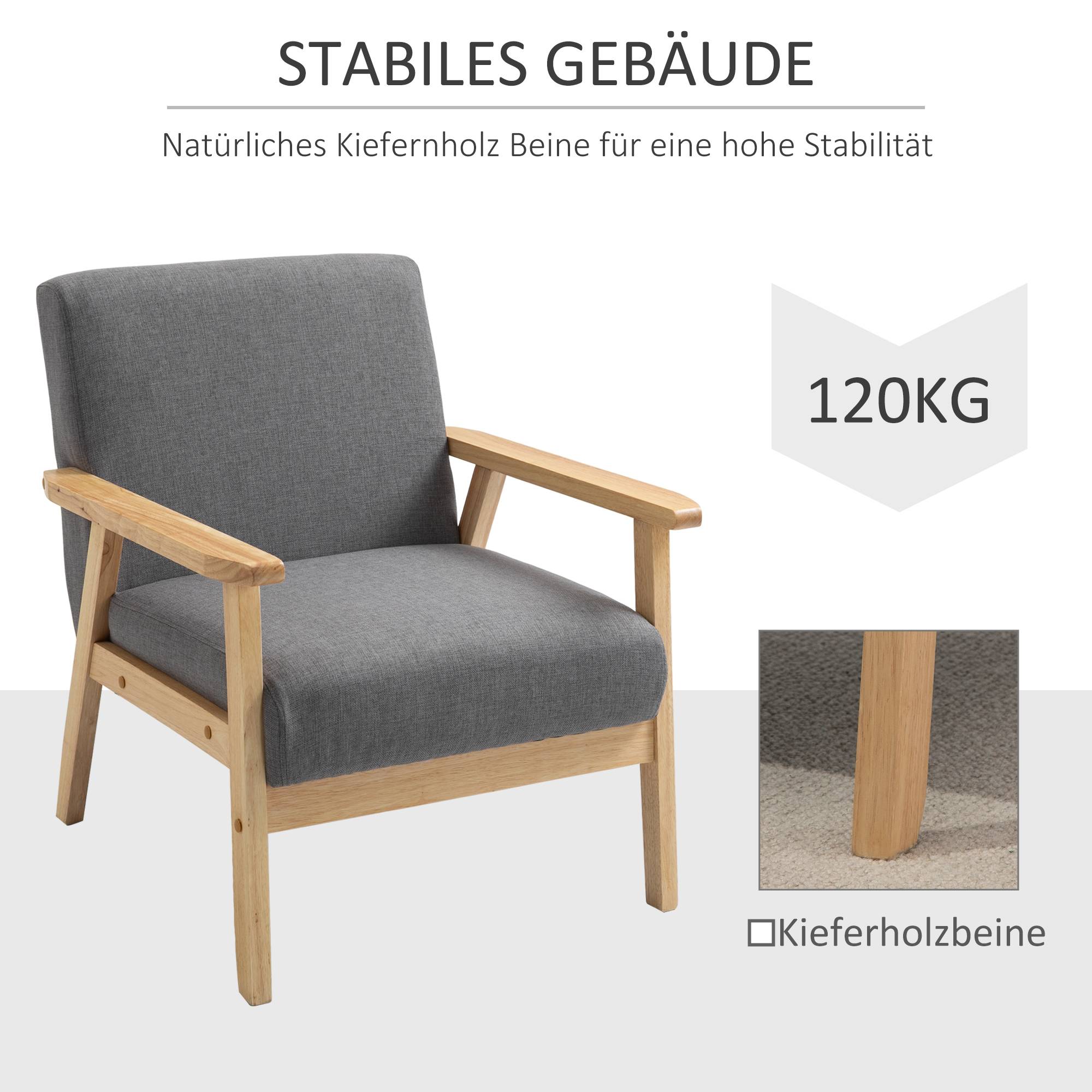 Fauteuil de style scandinave, chaise d'appoint, bois massif, aspect lin, 64 cm x 70 cm x 72 cm, gris et naturel - Image 8