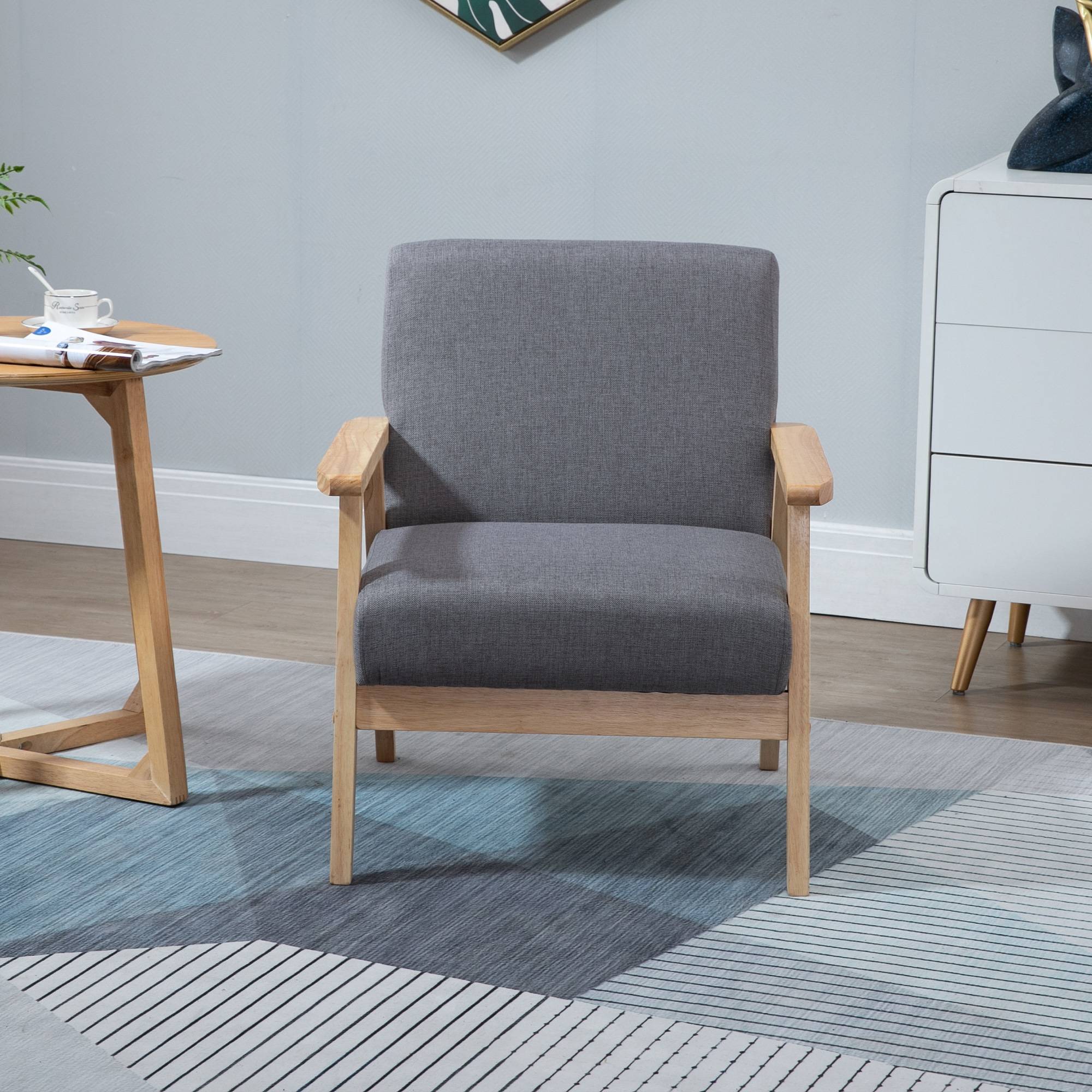 Fauteuil de style scandinave, chaise d'appoint, bois massif, aspect lin, 64 cm x 70 cm x 72 cm, gris et naturel - Image 3