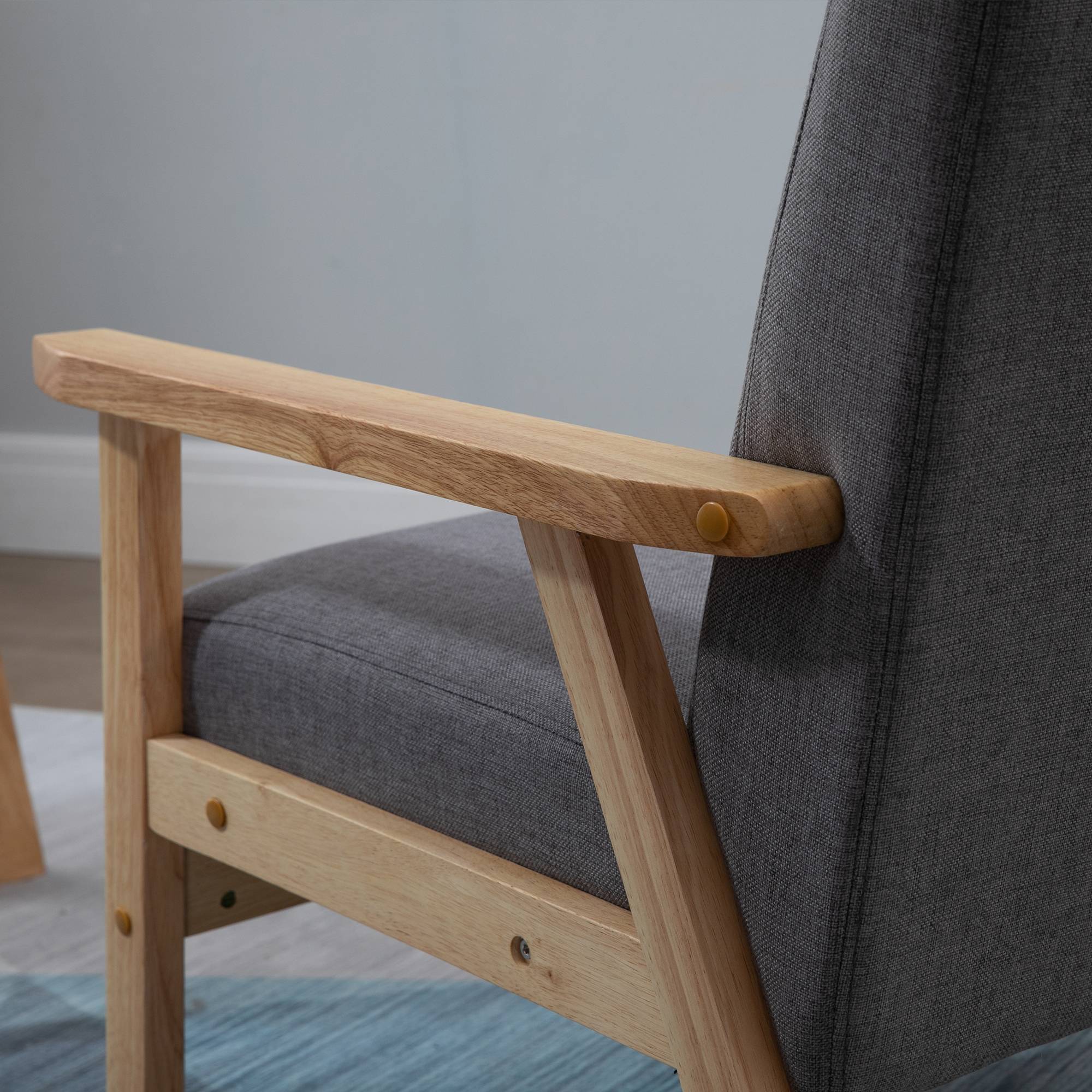 Fauteuil de style scandinave, chaise d'appoint, bois massif, aspect lin, 64 cm x 70 cm x 72 cm, gris et naturel - Image 9