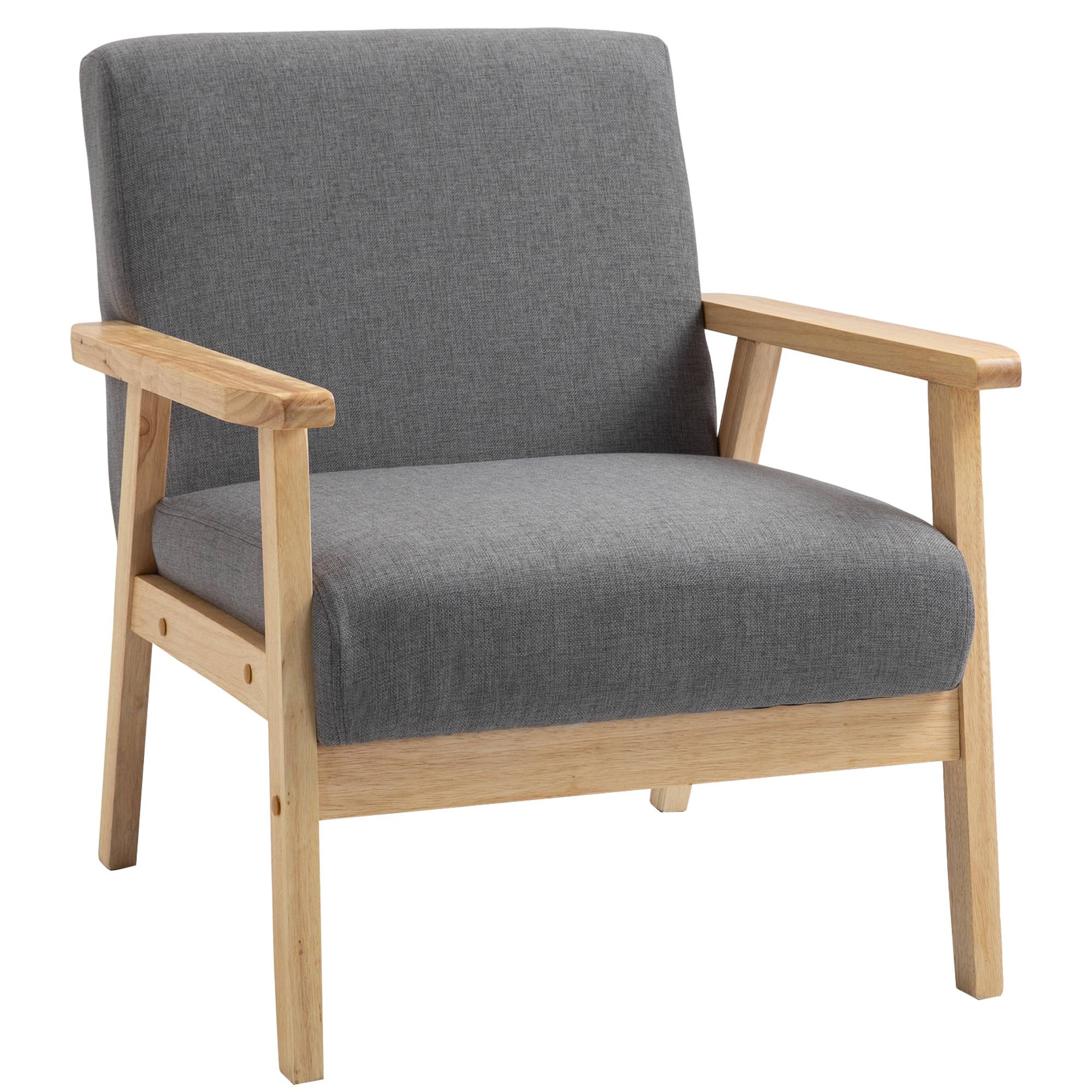 Fauteuil de style scandinave, chaise d'appoint, bois massif, aspect lin, 64 cm x 70 cm x 72 cm, gris et naturel - Image 1