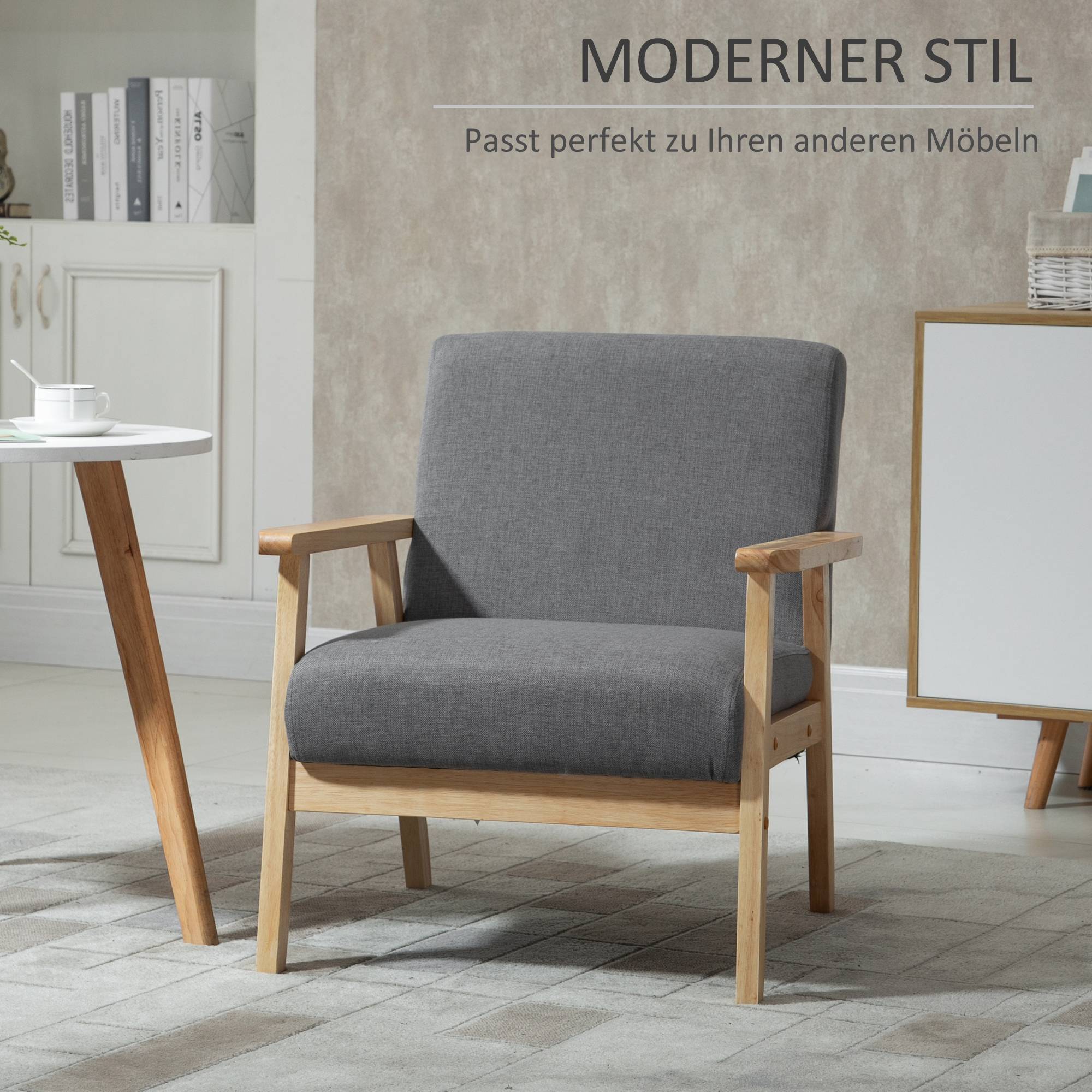 Fauteuil de style scandinave, chaise d'appoint, bois massif, aspect lin, 64 cm x 70 cm x 72 cm, gris et naturel - Image 6