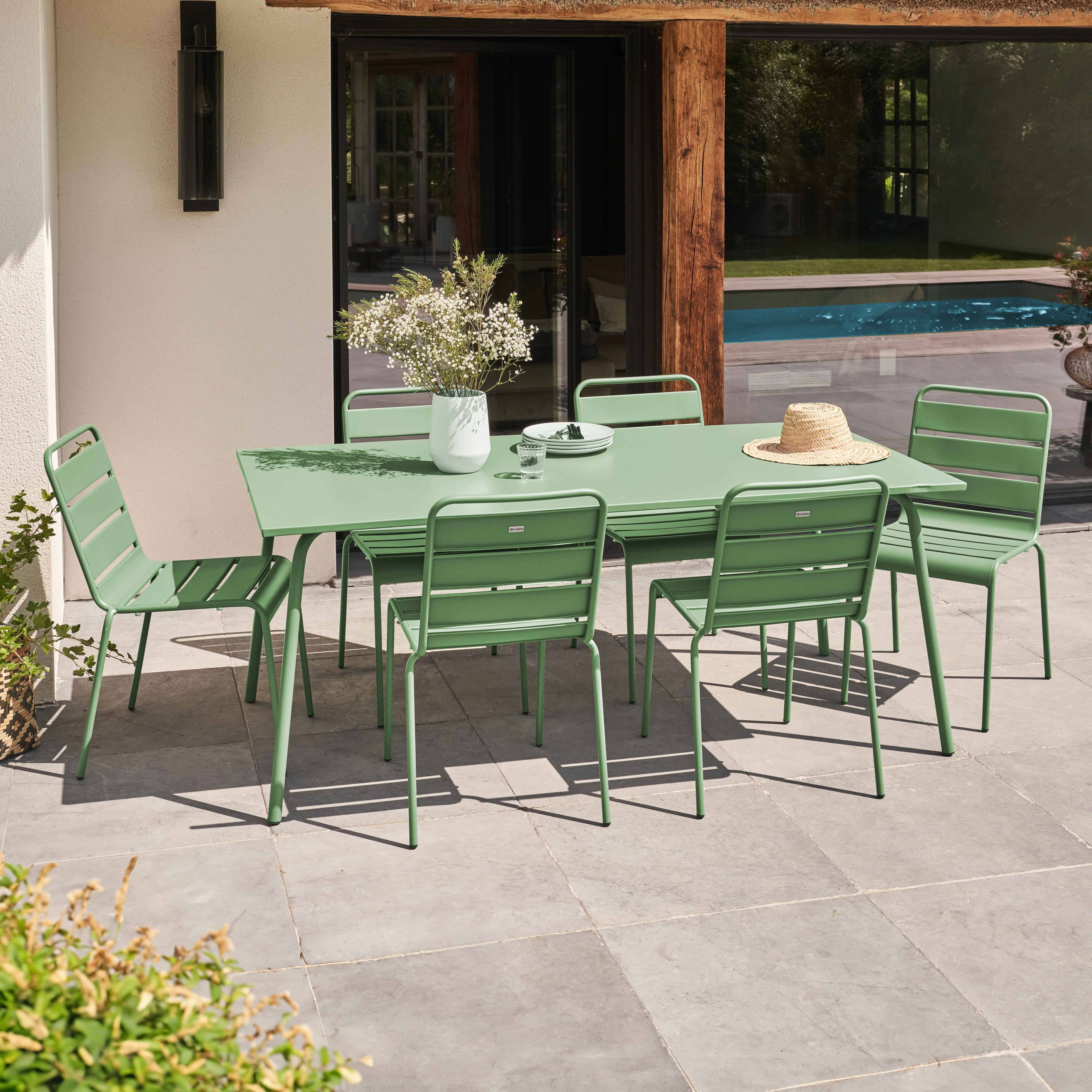 Oviala - Ensemble table de jardin et 6 chaises en métal vert cactus  Palavas - Oviala - Imagen 2