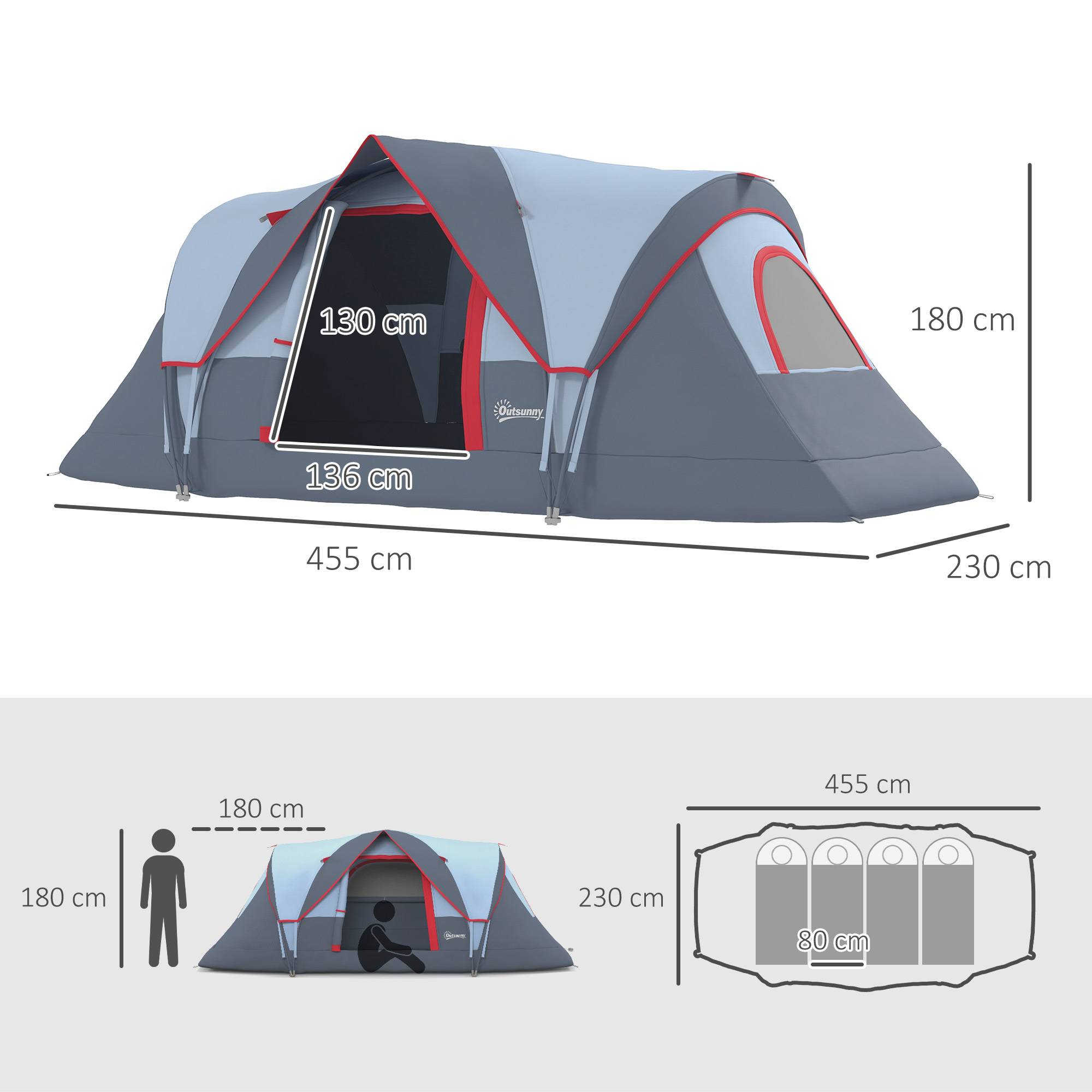 Tente de camping imperméable 6 personnes (3000 mm+) avec sac de transport et crochet, 455 x 220 x 180 cm, grise - Image 5