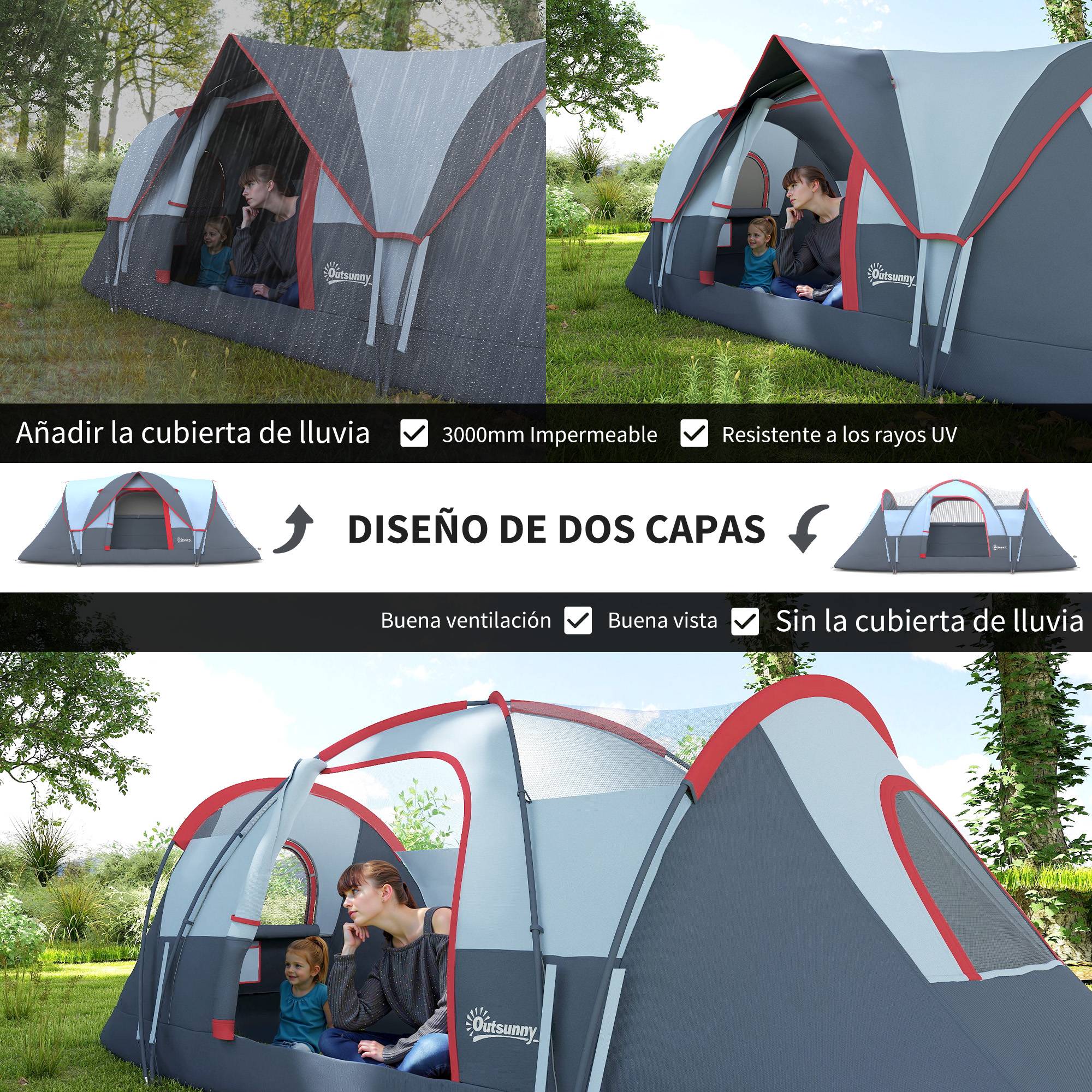Tente de camping imperméable 6 personnes (3000 mm+) avec sac de transport et crochet, 455 x 220 x 180 cm, grise - Image 6