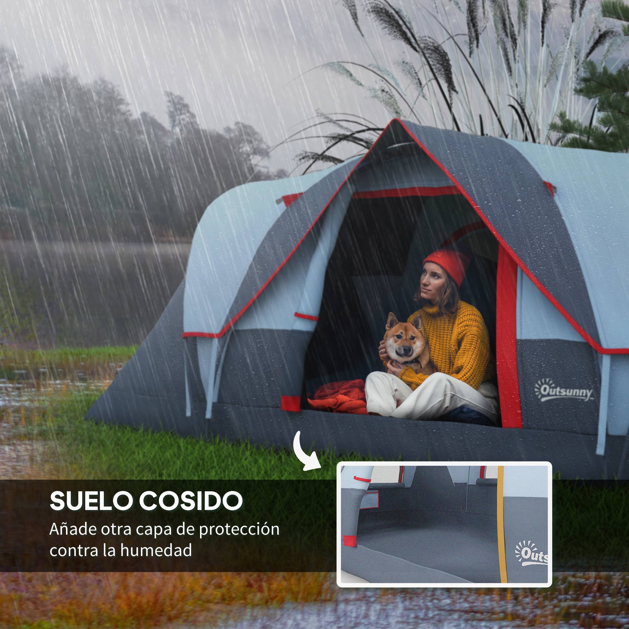 Tente de camping imperméable 6 personnes (3000 mm+) avec sac de transport et crochet, 455 x 220 x 180 cm, grise - Image 7