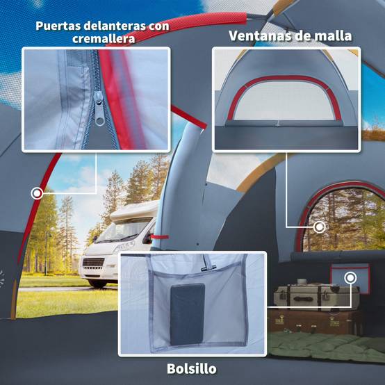 Tente de camping imperméable 6 personnes (3000 mm+) avec sac de transport et crochet, 455 x 220 x 180 cm, grise - Image 10