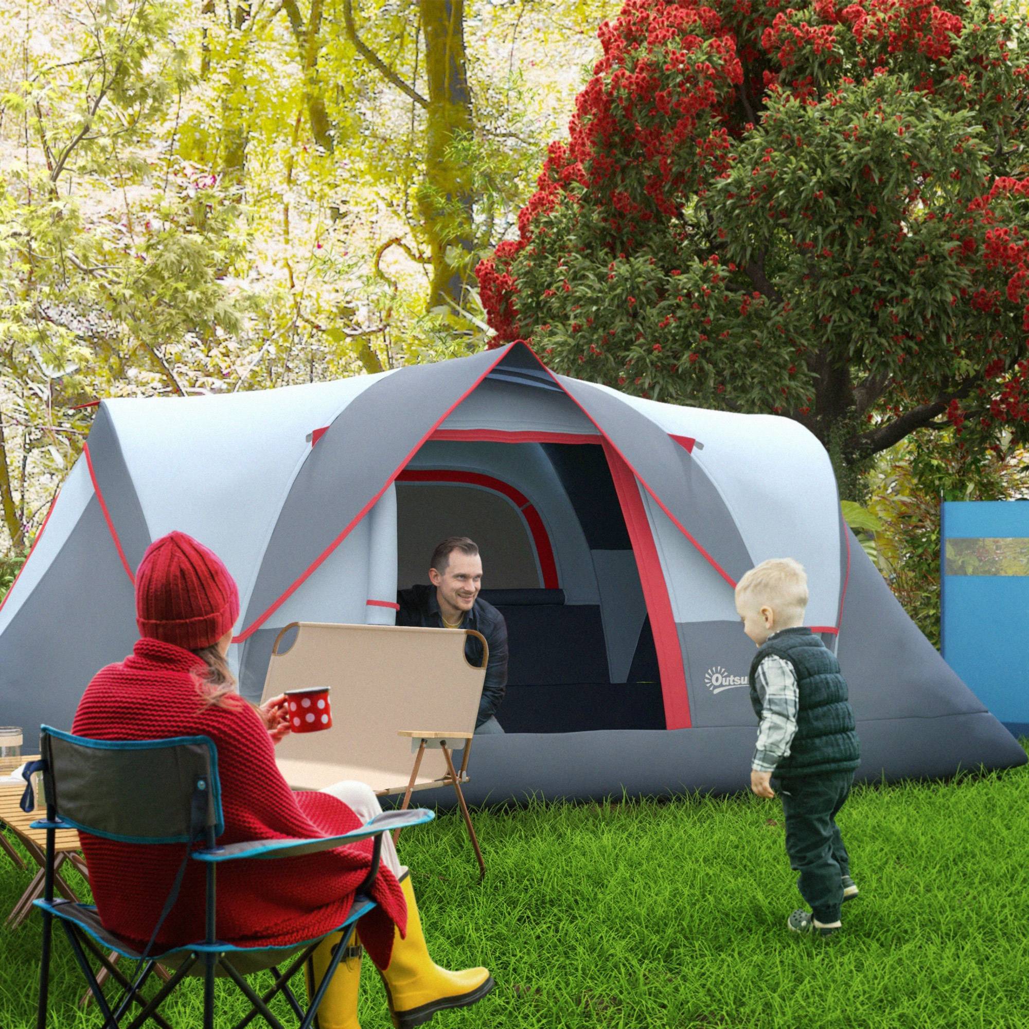 Tente de camping imperméable 6 personnes (3000 mm+) avec sac de transport et crochet, 455 x 220 x 180 cm, grise - Image 3