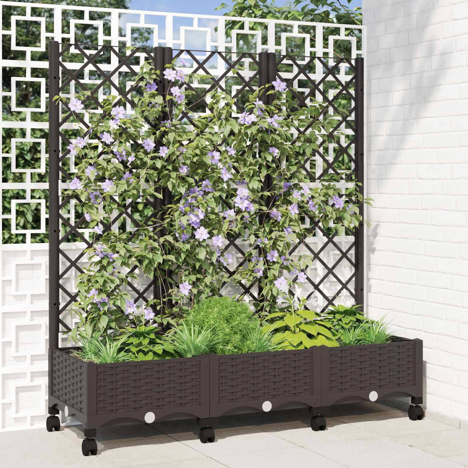 ComfortXL - Jardinière rectangulaire treillis roulettes extérieur terrasse 120x131cm marron - ComfortXL Outdoor Living