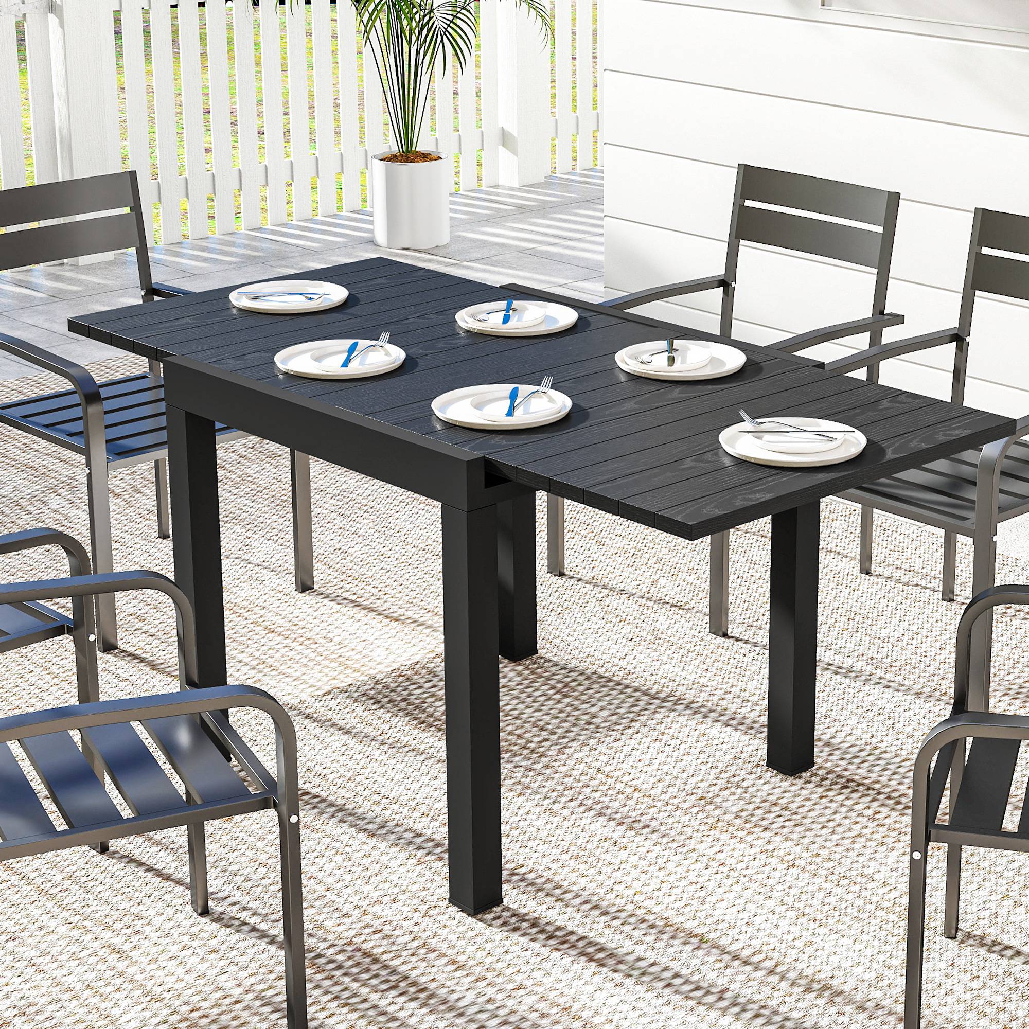 Table jardin extensible 4-6 personnes plateau lattes aluminium 80/160x80x75 cm noire - Image 4
