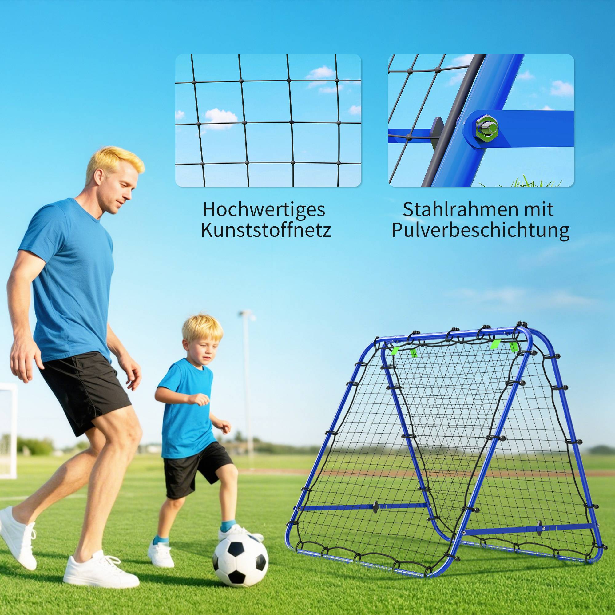 Mur de rebond football double face, réglable 5 angles, 100x68-95 cm, entraînement handball et foot, bleu - Image 8