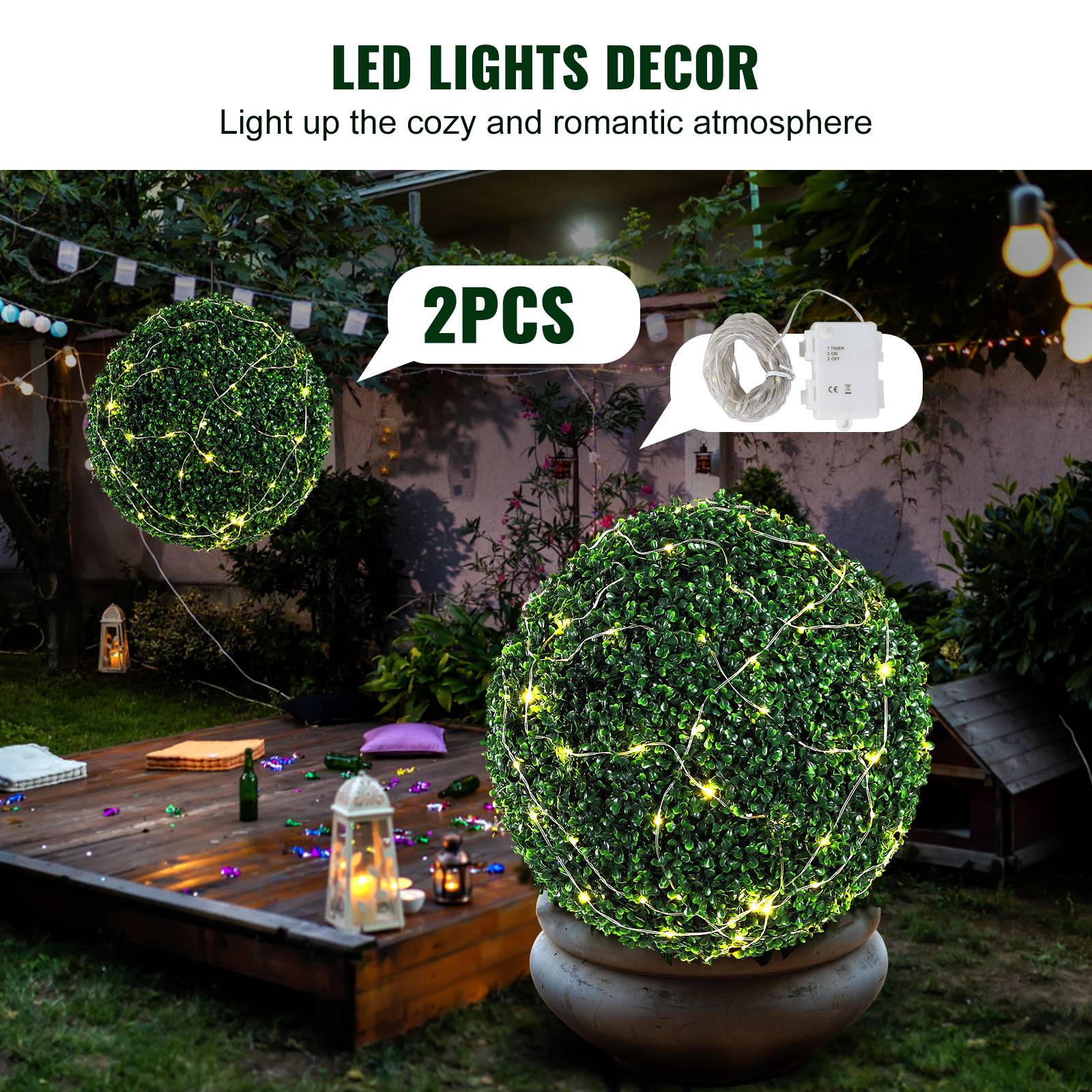 VEVOR Buis topiaire artificiel 508 mm, boule, 2 plantes PE, 10 feuilles, 2 LED. Décoration jardin, terrasse. - Image 6