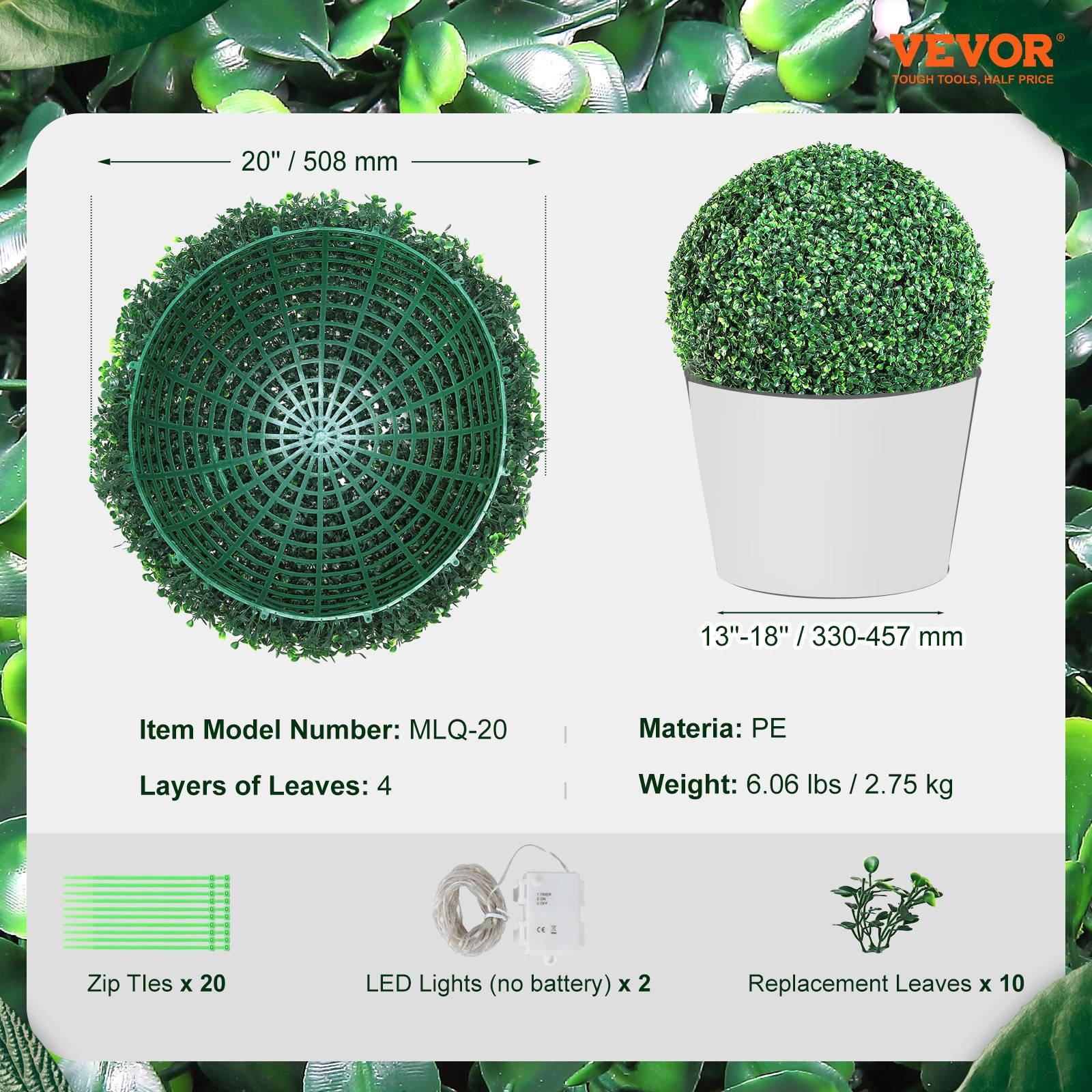 VEVOR Buis topiaire artificiel 508 mm, boule, 2 plantes PE, 10 feuilles, 2 LED. Décoration jardin, terrasse. - Image 7
