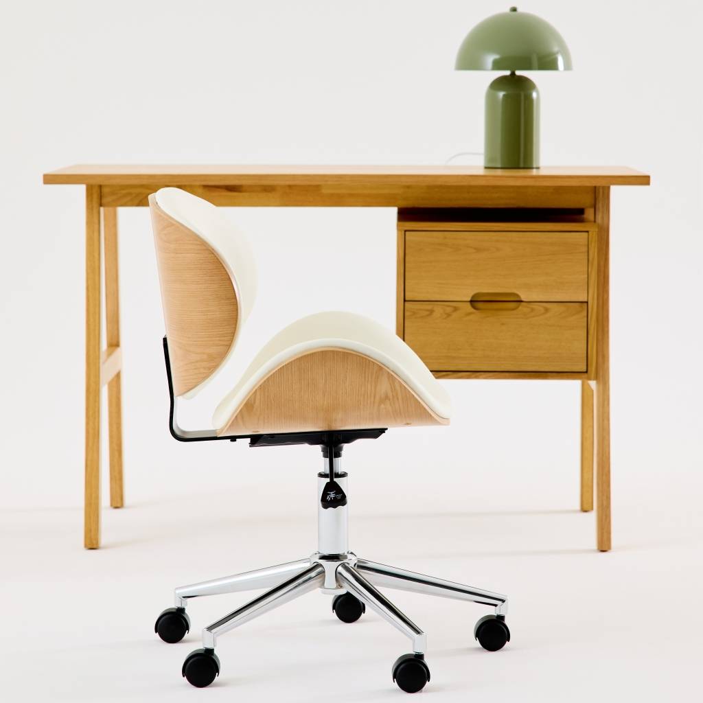 sweeek - Chaise de bureau à roulettes bois courbé avec placage effet chêne et assise blanche | sweeek - Image 1