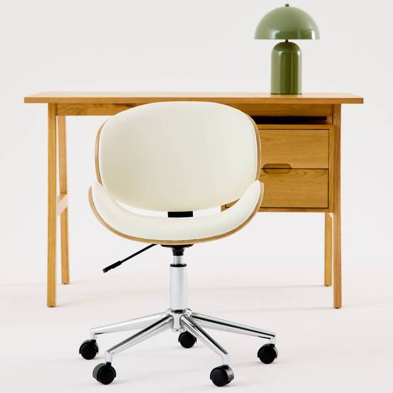 sweeek - Chaise de bureau à roulettes bois courbé avec placage effet chêne et assise blanche | sweeek - Image 3