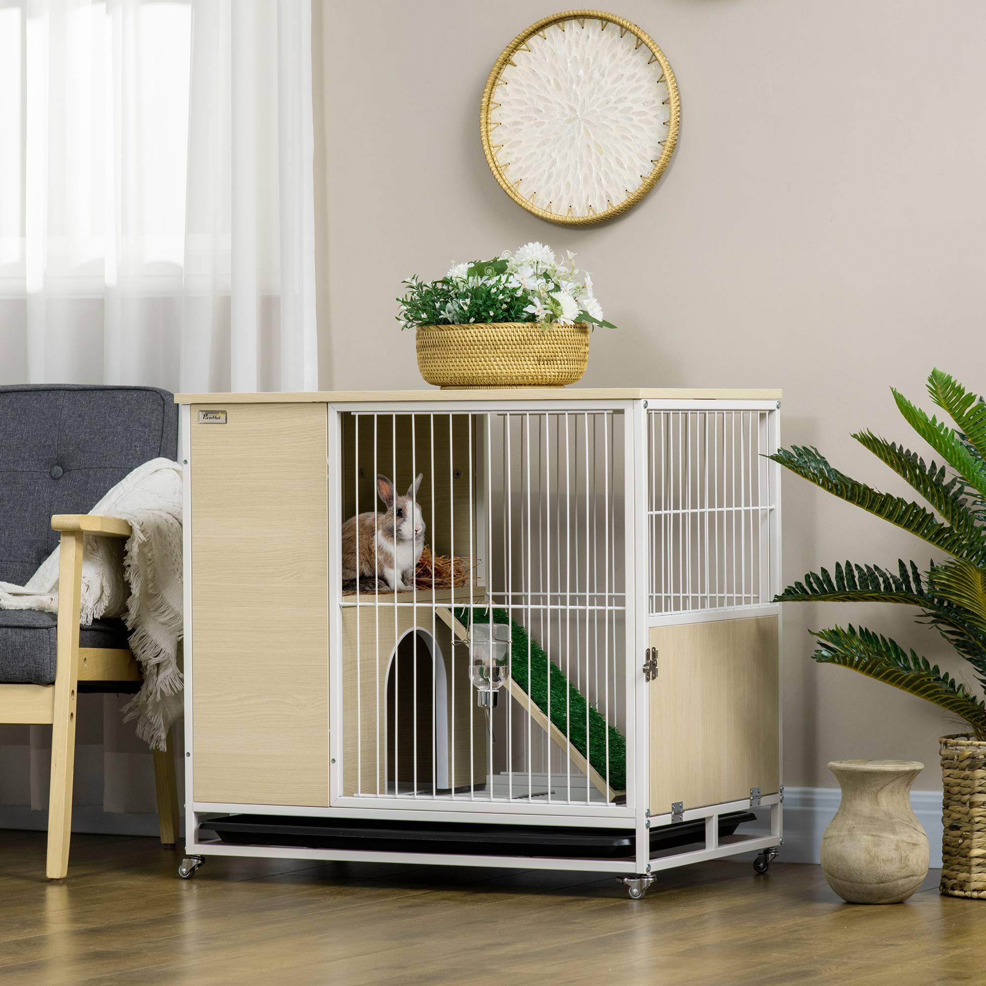ComfortXL - Cage à lapin aggloméré intérieur meuble d'appoint sur roulettes 78x52x76cm chêne - ComfortXL Outdoor Living - Image 3