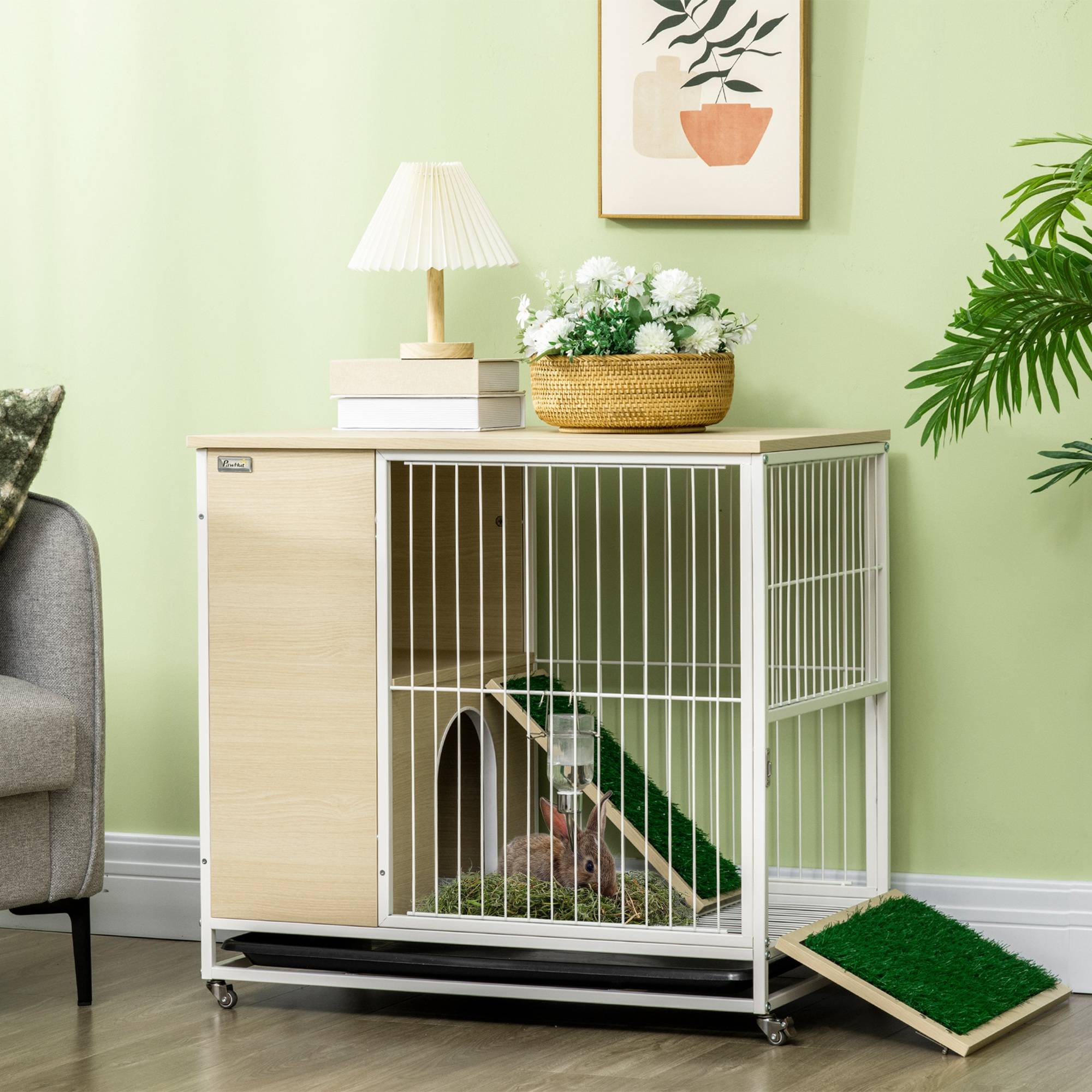 ComfortXL - Cage à lapin aggloméré intérieur meuble d'appoint sur roulettes 78x52x76cm chêne - ComfortXL Outdoor Living - Image 4