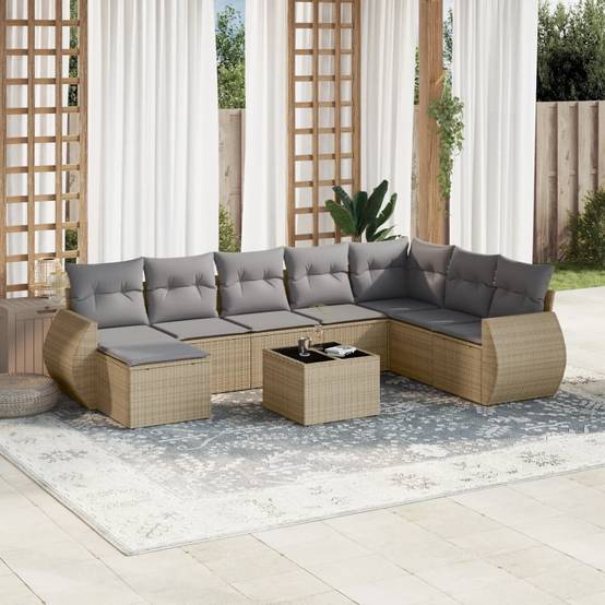 Salon de Jardin Bas 8 Places 9 Pièces en Poly Rotin Beige Canapé d'Angle Modulable et Table – ComfortXL Outdoor Living - Image 1