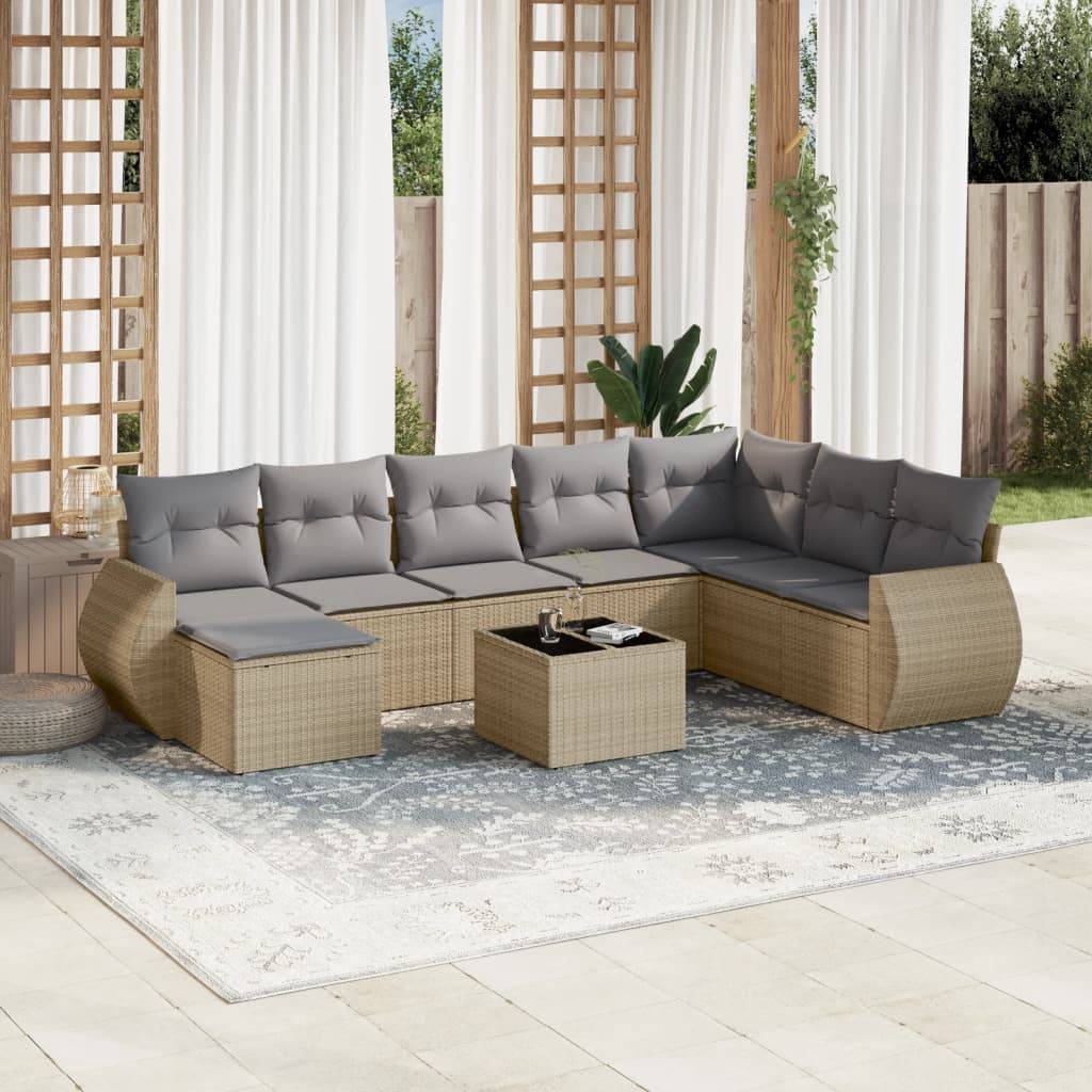 Salon de Jardin Bas 8 Places 9 Pièces en Poly Rotin Beige Canapé d'Angle Modulable et Table – ComfortXL Outdoor Living - Image 1
