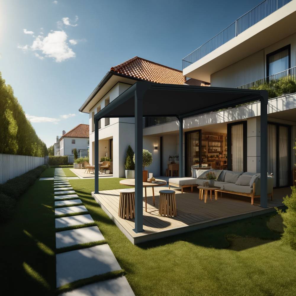 Pergola toile TILA îlot 4,00x3,50m Motorisé à télécommande + manœuvre de secours (Noir - Gris anthracite) - Alia Productions - Imagen 1