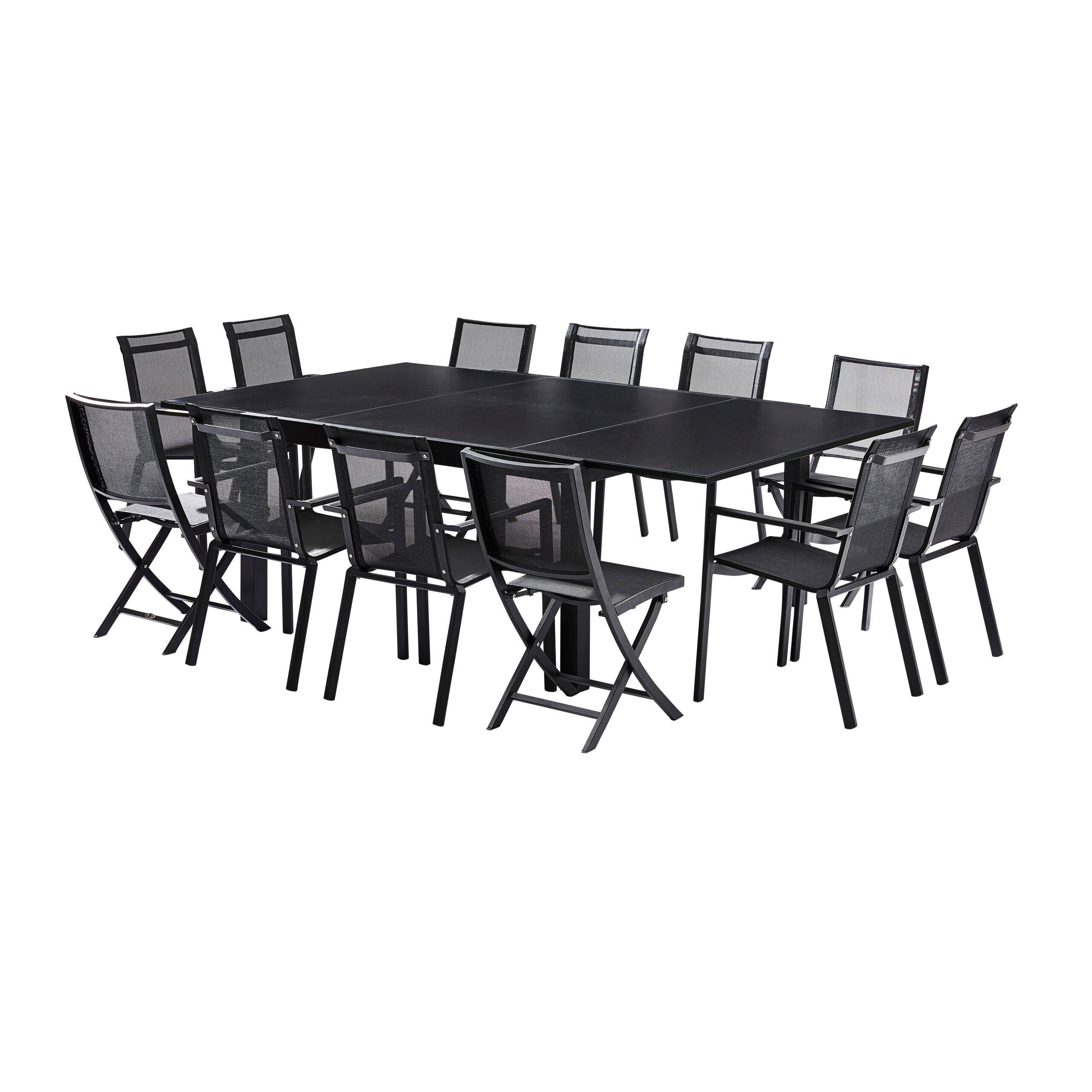 Wilsa Garden - Ensemble BLACKSTAR 8/12p en aluminium noir et verre noir avec 8 fauteuils et 4 chaises pliantes en aluminium et textilène - Imagen 1