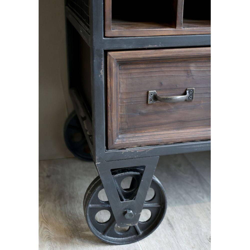 Chemin De Campagne - Chariot de bar desserte en bois marron et fer bleu 94 x 37 x 91 cm Chemin de campagne - Imagen 7