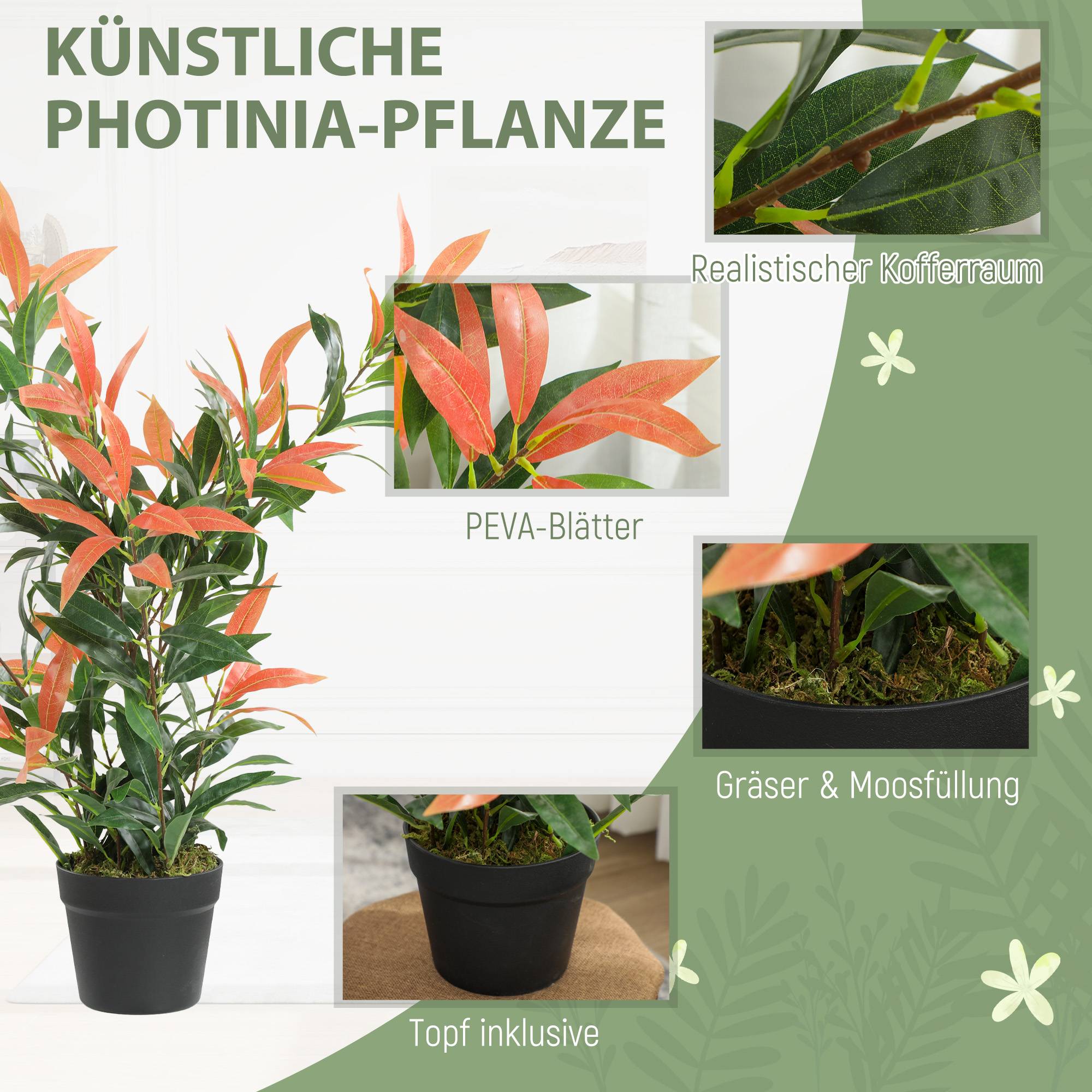 Plante artificielle photinia plastique pot intérieur bureau branches flexibles 90cm rouge vert - ComfortXL Outdoor Living - Image 6