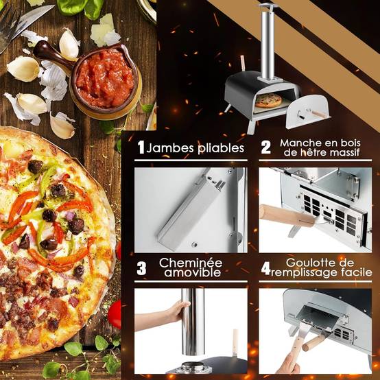 Four à Pizza Extérieur Portable, Machine à Pizza au Feu de Bois avec Pierre à Pizza de 33 cm - Image 6