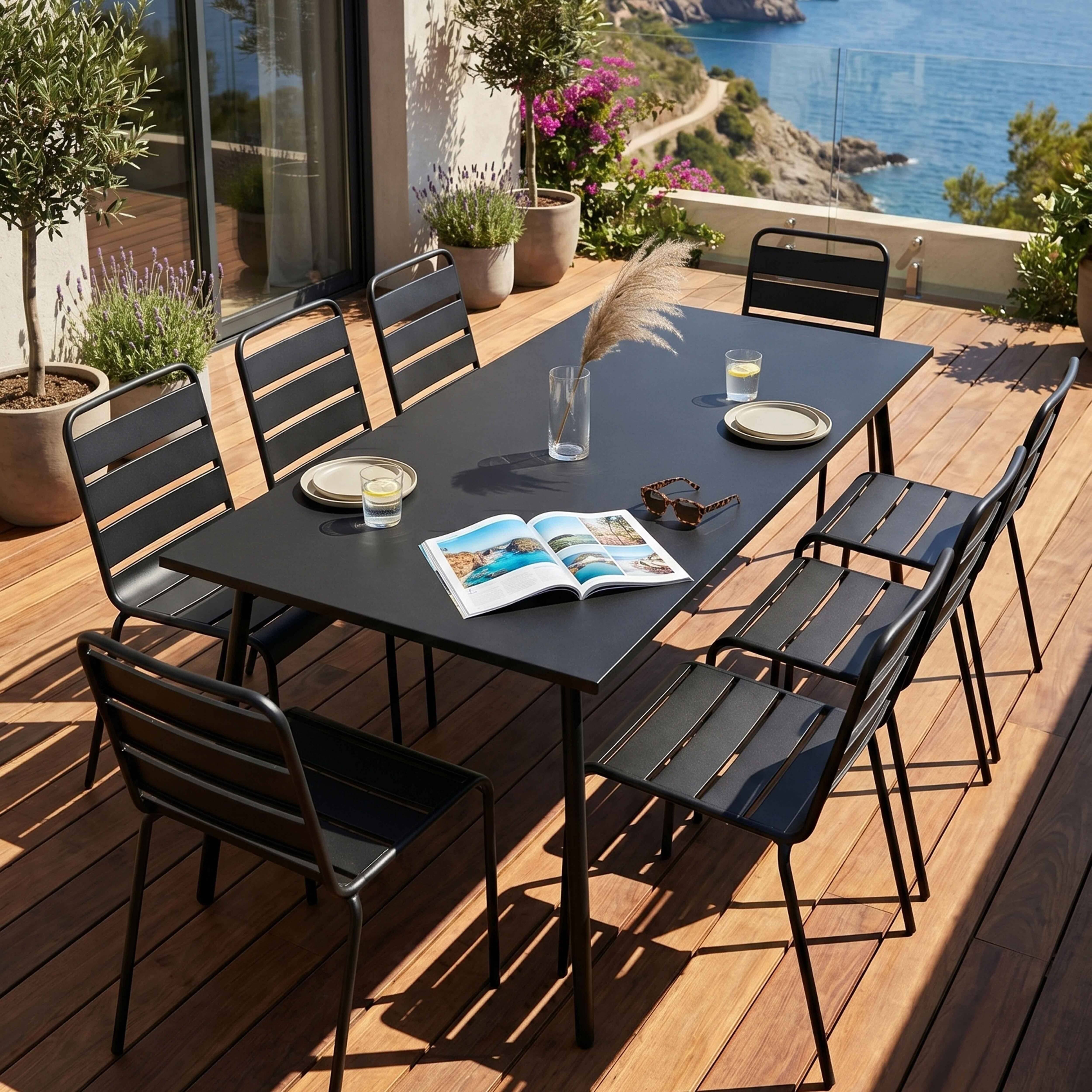 Oviala - Ensemble table de jardin et 8 chaises en métal noir Palavas - Oviala - Image 2