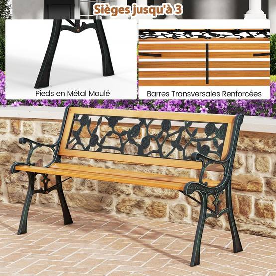 Banc de Jardin, Banc Extérieur en Bois, Banquette Jardin 3 Personnes avec Accoudoirs, Cadre en Métal Moulé, Motif de Fleur, Classique - Image 5