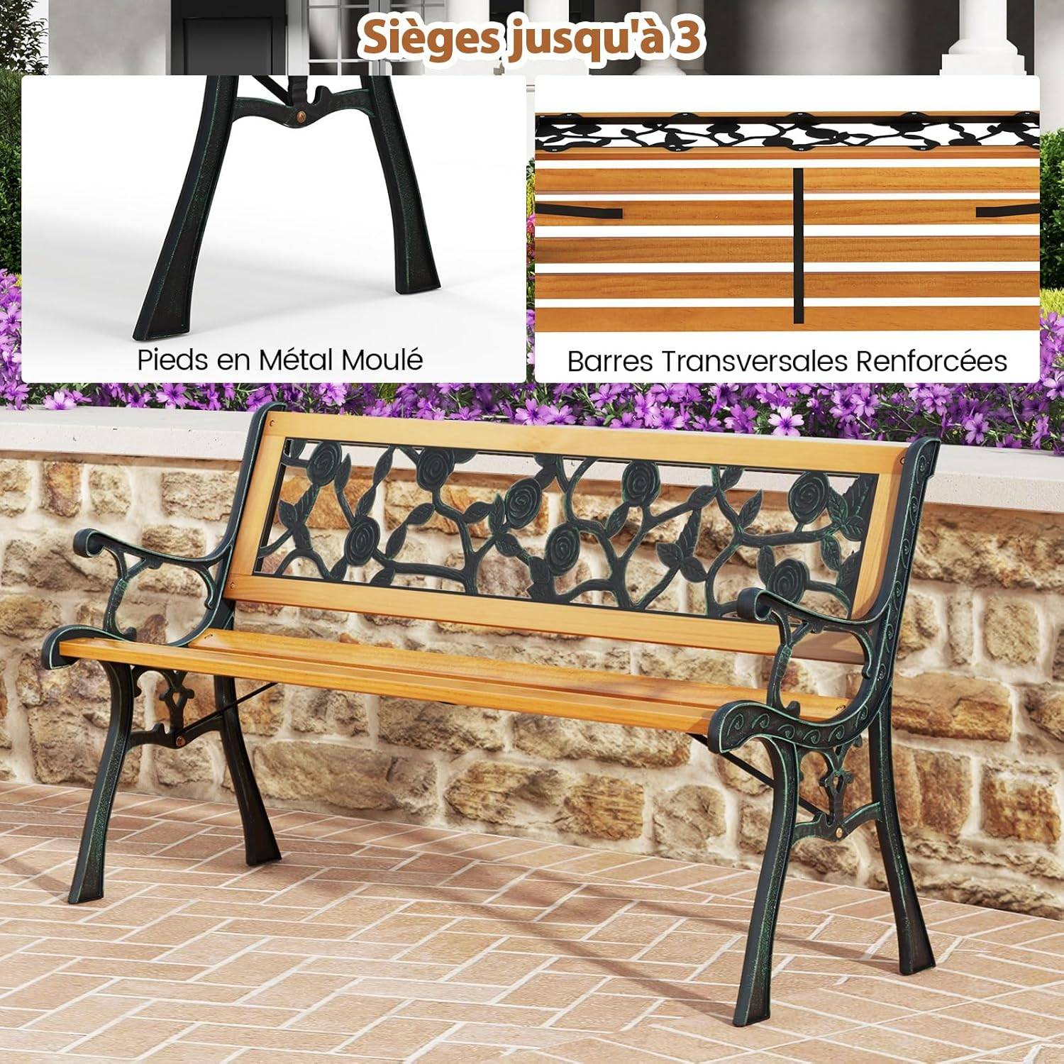Banc de Jardin, Banc Extérieur en Bois, Banquette Jardin 3 Personnes avec Accoudoirs, Cadre en Métal Moulé, Motif de Fleur, Classique - Image 5
