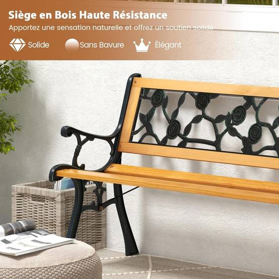 Banc de Jardin, Banc Extérieur en Bois, Banquette Jardin 3 Personnes avec Accoudoirs, Cadre en Métal Moulé, Motif de Fleur, Classique - Image 4
