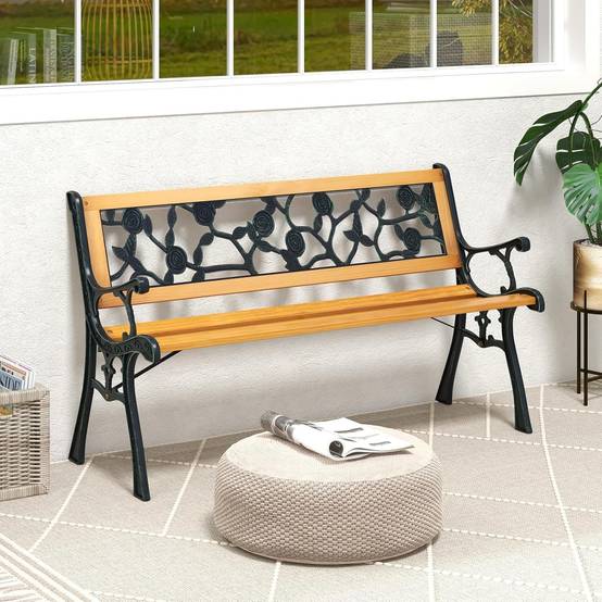 Banc de Jardin, Banc Extérieur en Bois, Banquette Jardin 3 Personnes avec Accoudoirs, Cadre en Métal Moulé, Motif de Fleur, Classique - Image 2