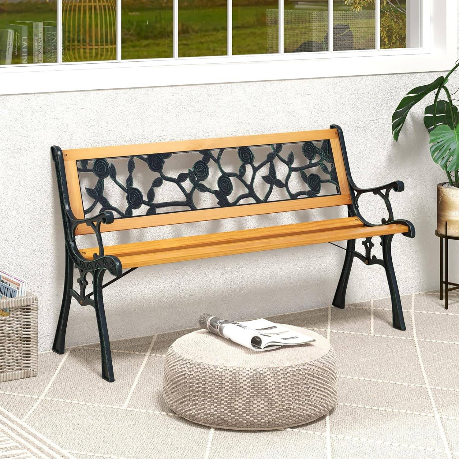 Banc de Jardin, Banc Extérieur en Bois, Banquette Jardin 3 Personnes avec Accoudoirs, Cadre en Métal Moulé, Motif de Fleur, Classique - Image 2