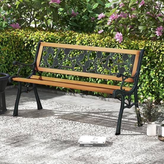 Banc de Jardin, Banc Extérieur en Bois, Banquette Jardin 3 Personnes avec Accoudoirs, Cadre en Métal Moulé, Motif de Fleur, Classique - Image 3