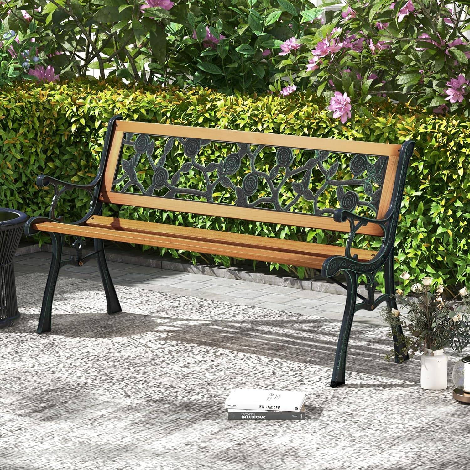 Banc de Jardin, Banc Extérieur en Bois, Banquette Jardin 3 Personnes avec Accoudoirs, Cadre en Métal Moulé, Motif de Fleur, Classique - Image 3
