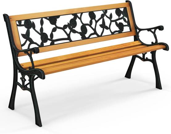 Banc de Jardin, Banc Extérieur en Bois, Banquette Jardin 3 Personnes avec Accoudoirs, Cadre en Métal Moulé, Motif de Fleur, Classique - Image 1