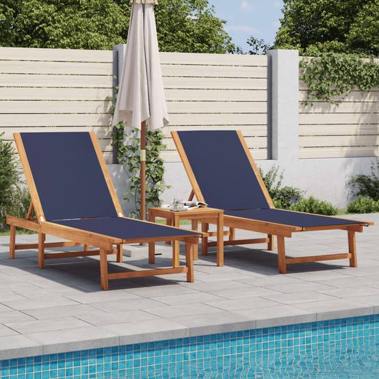 2 Lits de Jardin Bois Acacia Textilène Bleu Table Basse Piscine Terrasse – ComfortXL Outdoor Living - Image 1
