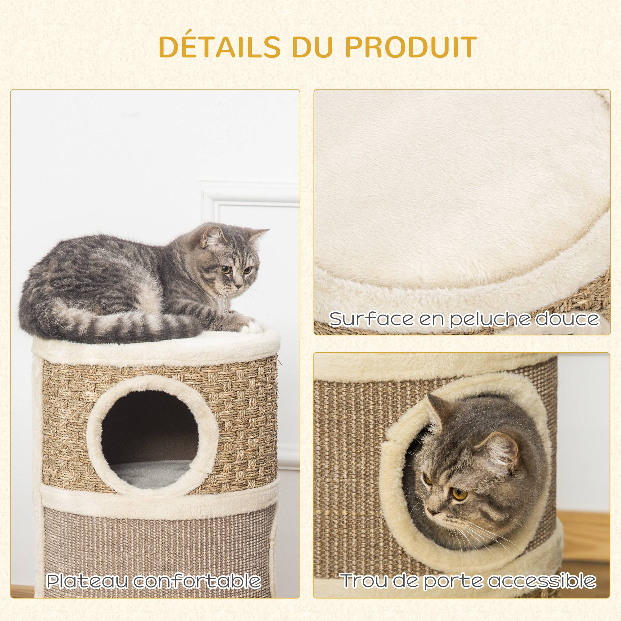 Tonneau griffoir chat sisal naturel herbiers marins 3 niveaux 37x70cm kaki marron - ComfortXL Outdoor Living - Image 7