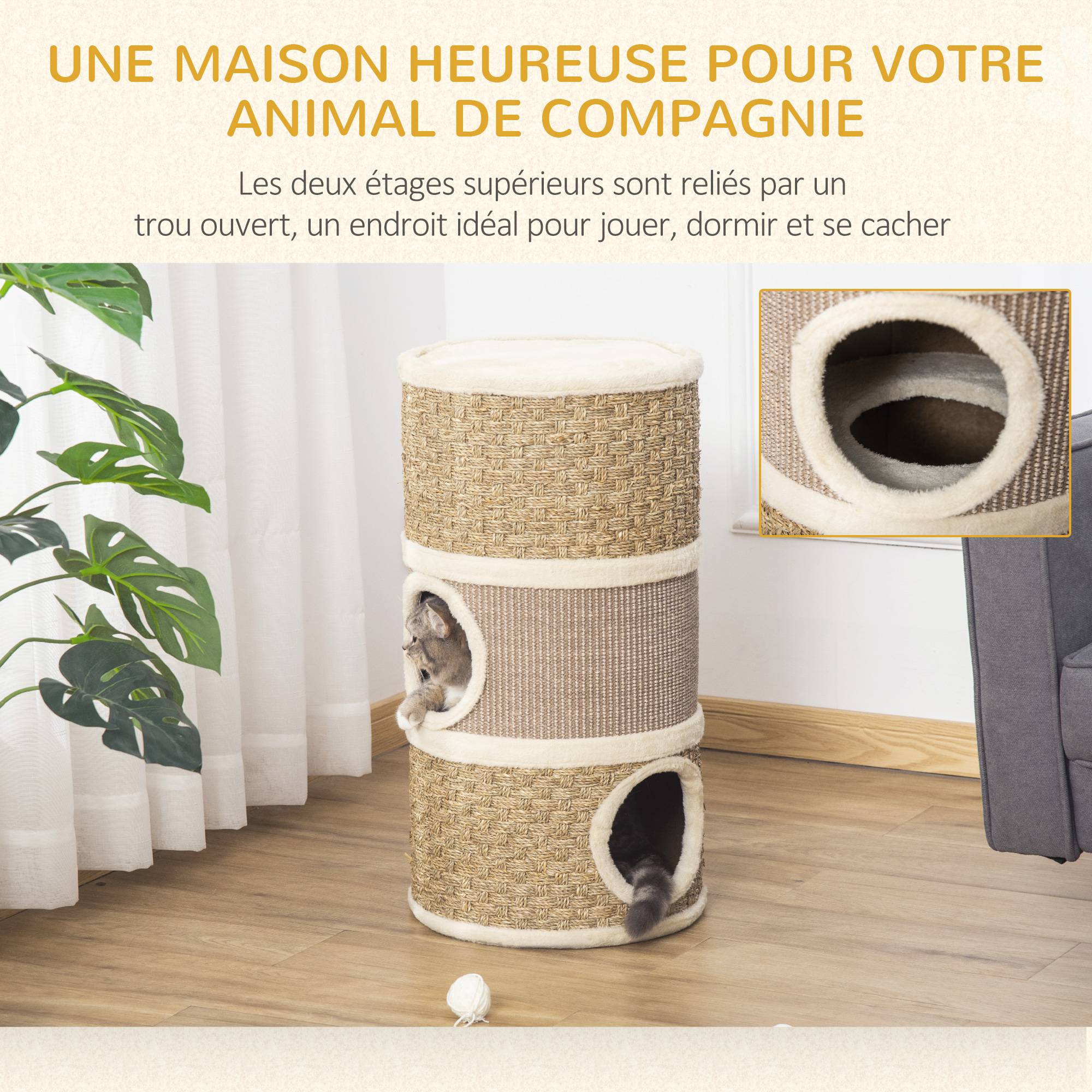 Tonneau griffoir chat sisal naturel herbiers marins 3 niveaux 37x70cm kaki marron - ComfortXL Outdoor Living - Image 6
