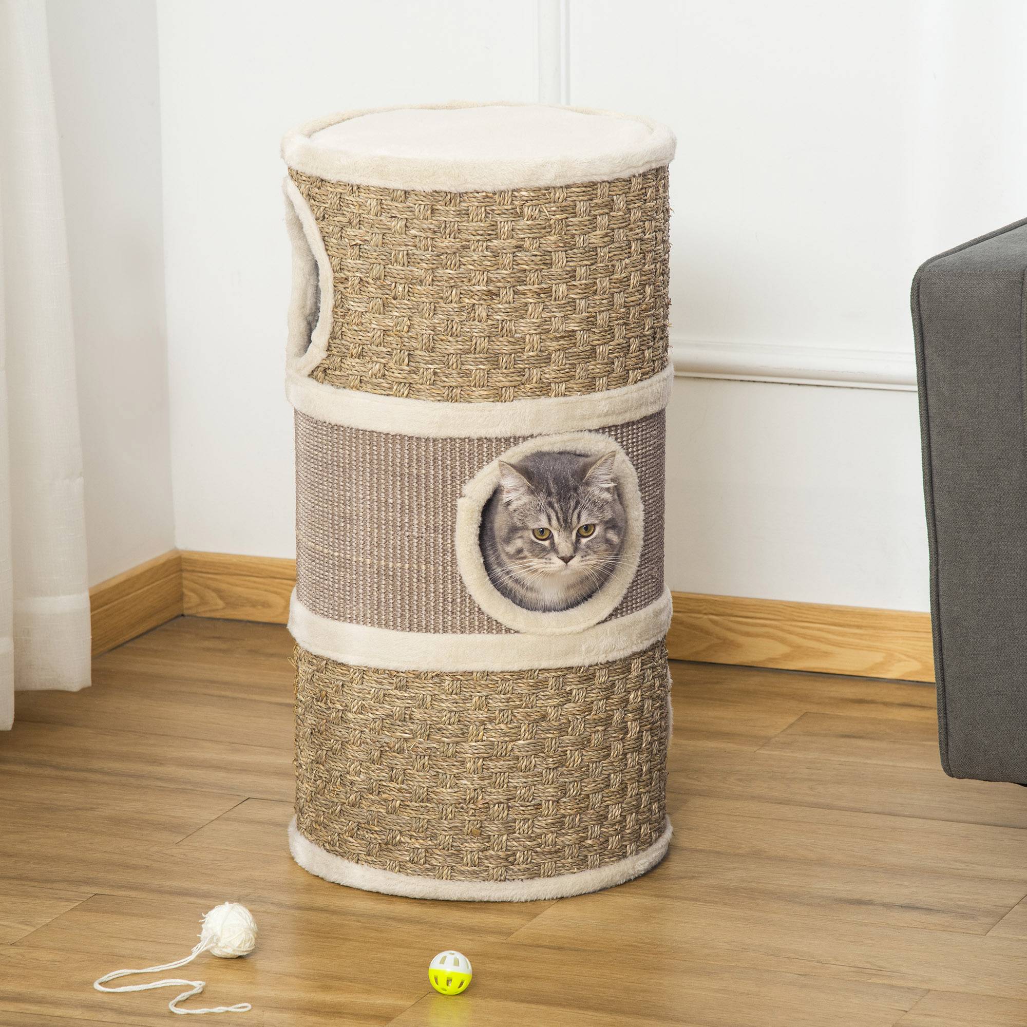 Tonneau griffoir chat sisal naturel herbiers marins 3 niveaux 37x70cm kaki marron - ComfortXL Outdoor Living - Image 3