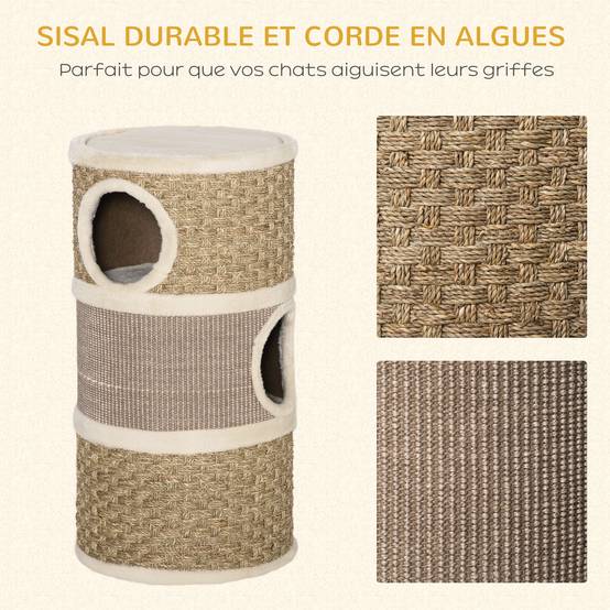 Tonneau griffoir chat sisal naturel herbiers marins 3 niveaux 37x70cm kaki marron - ComfortXL Outdoor Living - Image 8
