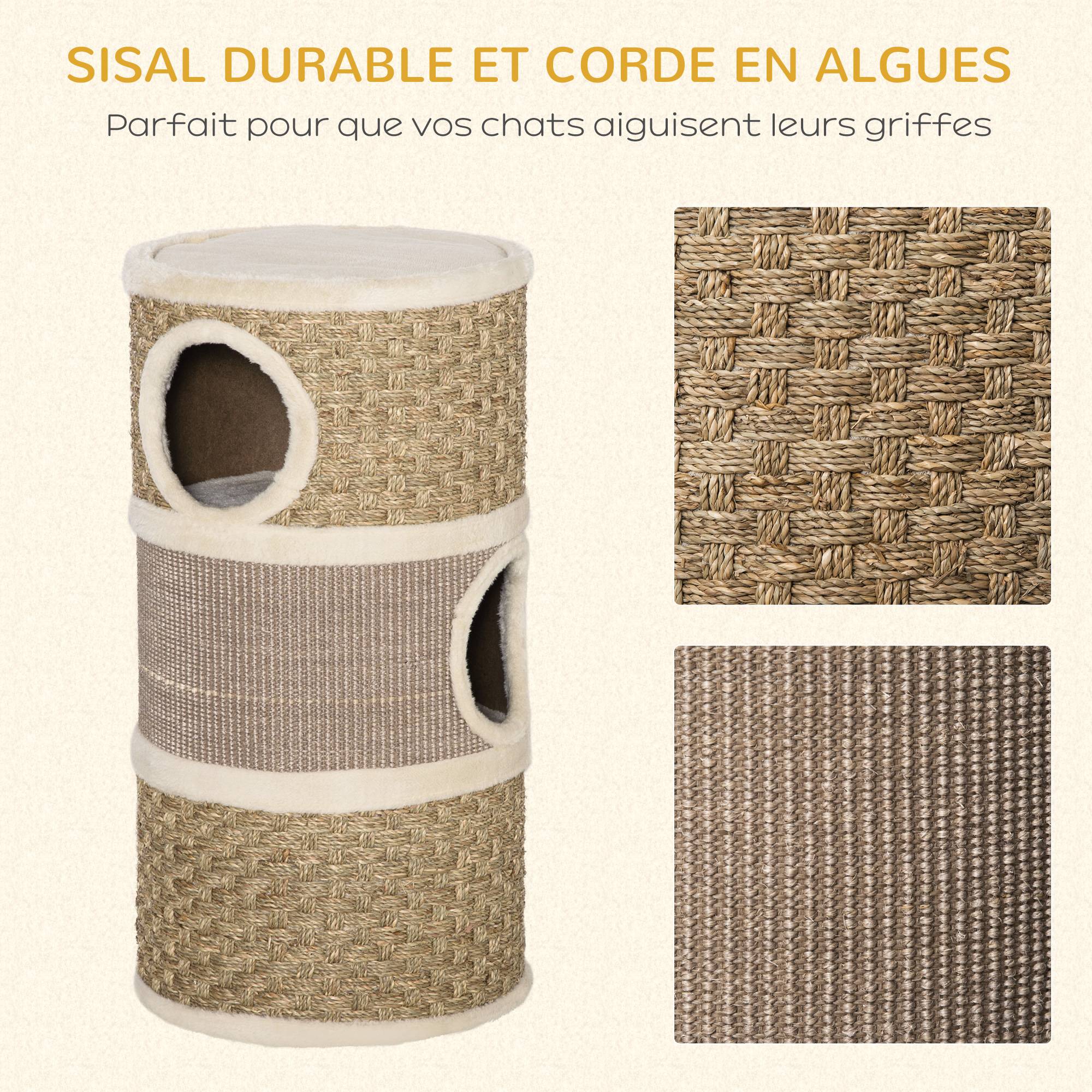 Tonneau griffoir chat sisal naturel herbiers marins 3 niveaux 37x70cm kaki marron - ComfortXL Outdoor Living - Image 8