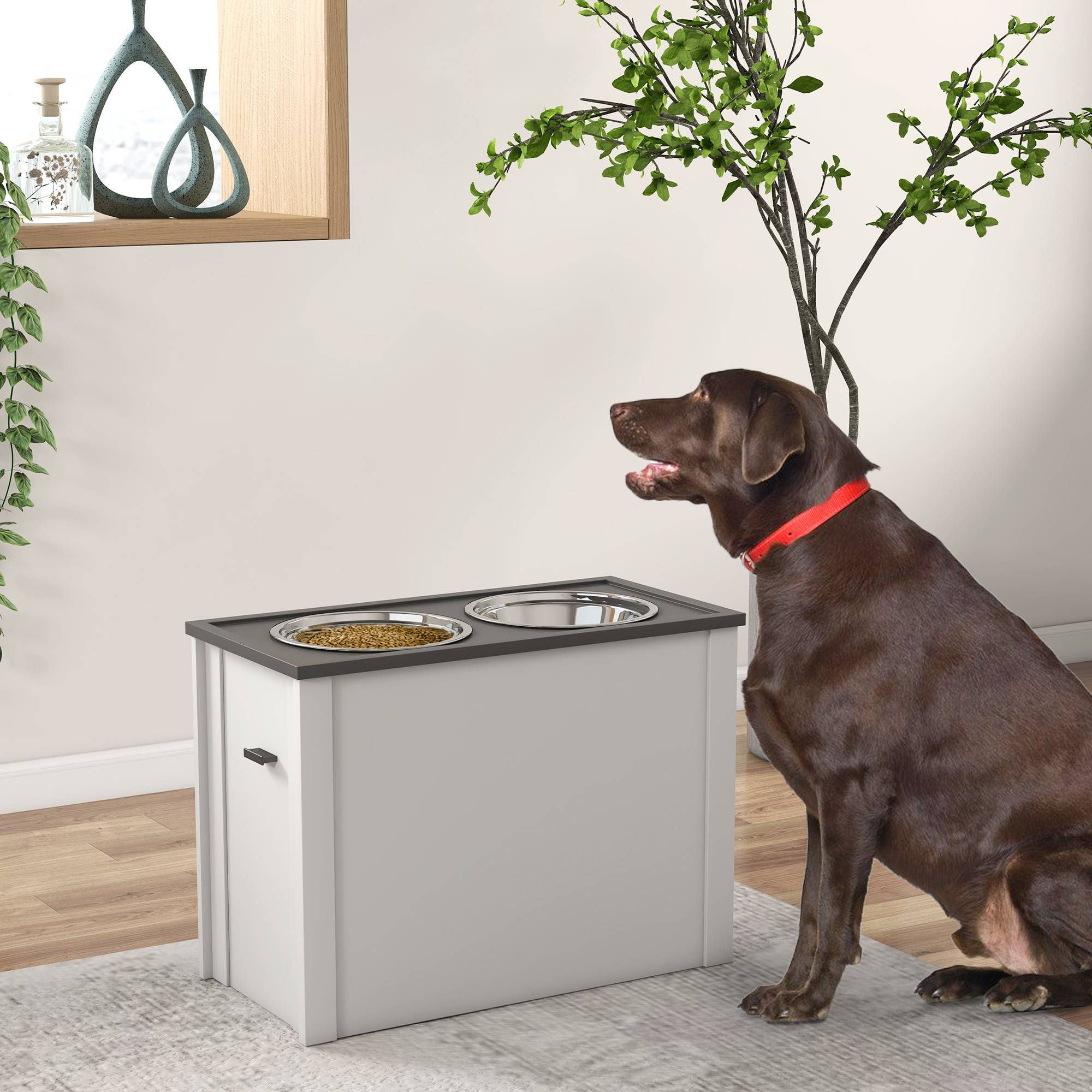 Station de nourriture pour chien avec rangement, MDF, blanc, 60 x 30 x 42 cm - PANGIVO - Image 2