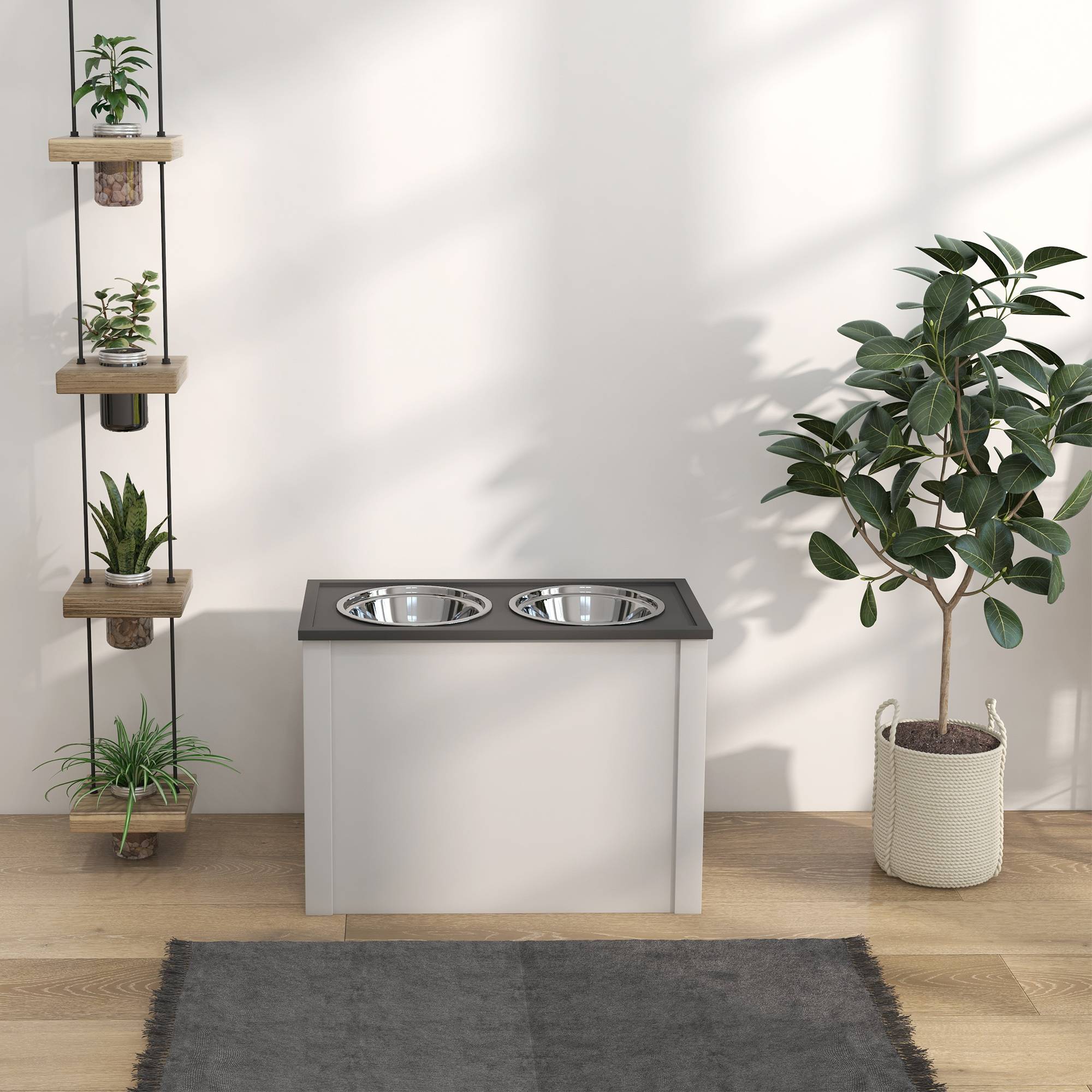 Station de nourriture pour chien avec rangement, MDF, blanc, 60 x 30 x 42 cm - PANGIVO - Image 7